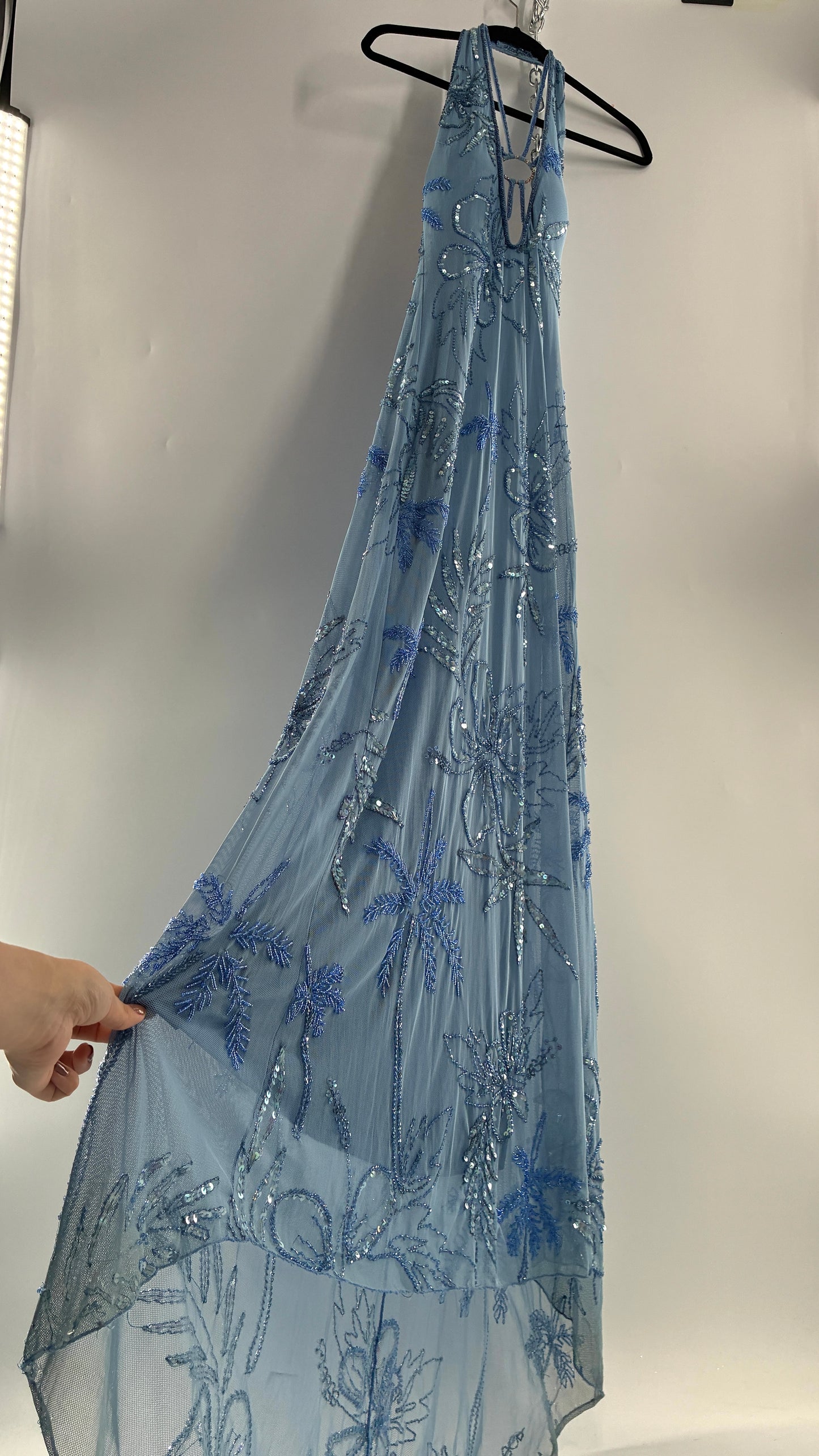 Vintage 1990s Powder Blue Gown Covered in Beaded Appliqué Tropical Designs with Strappy Bust and Low, Open Back (S/M, stretchy no size marked)