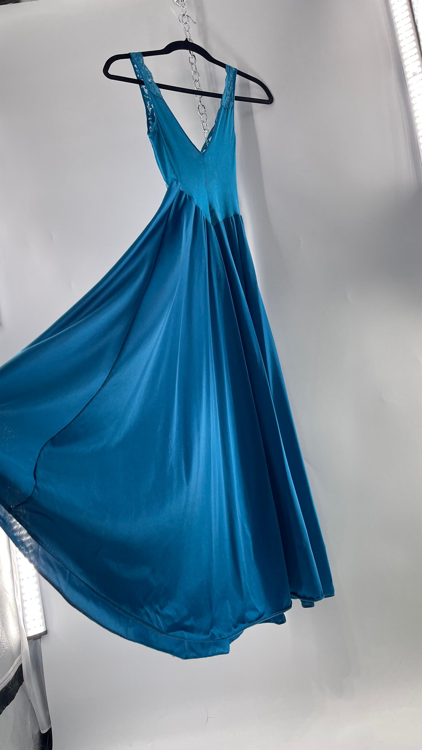Vintage Olga Intimates Floor Length Voluminous Blue Jewel Toned Maxi Dress/Night Gown with Lace Bust (Small)
