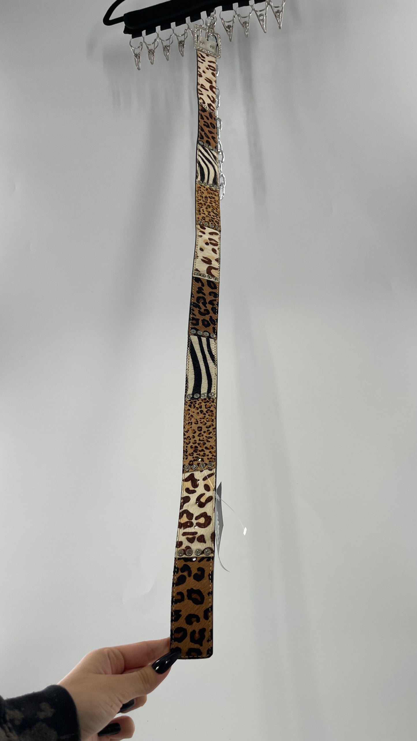 Vintage Pony Fur Animal Print Patchwork Belt with Rhinestone Buckle and Embellishments (Medium)