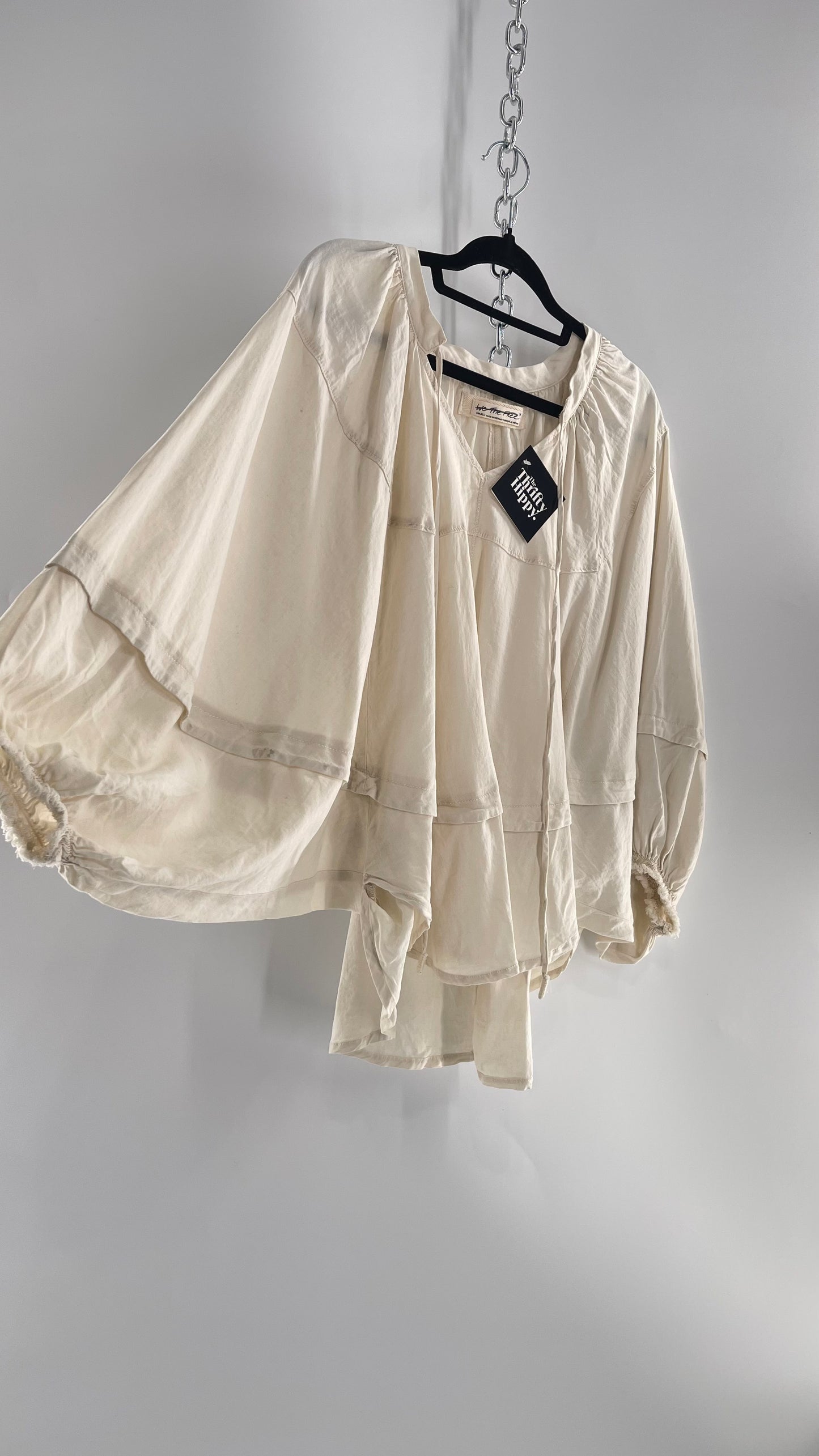 Free People Beige Off White Billow/ Prairie Sleeve Cape Blouse (Small)