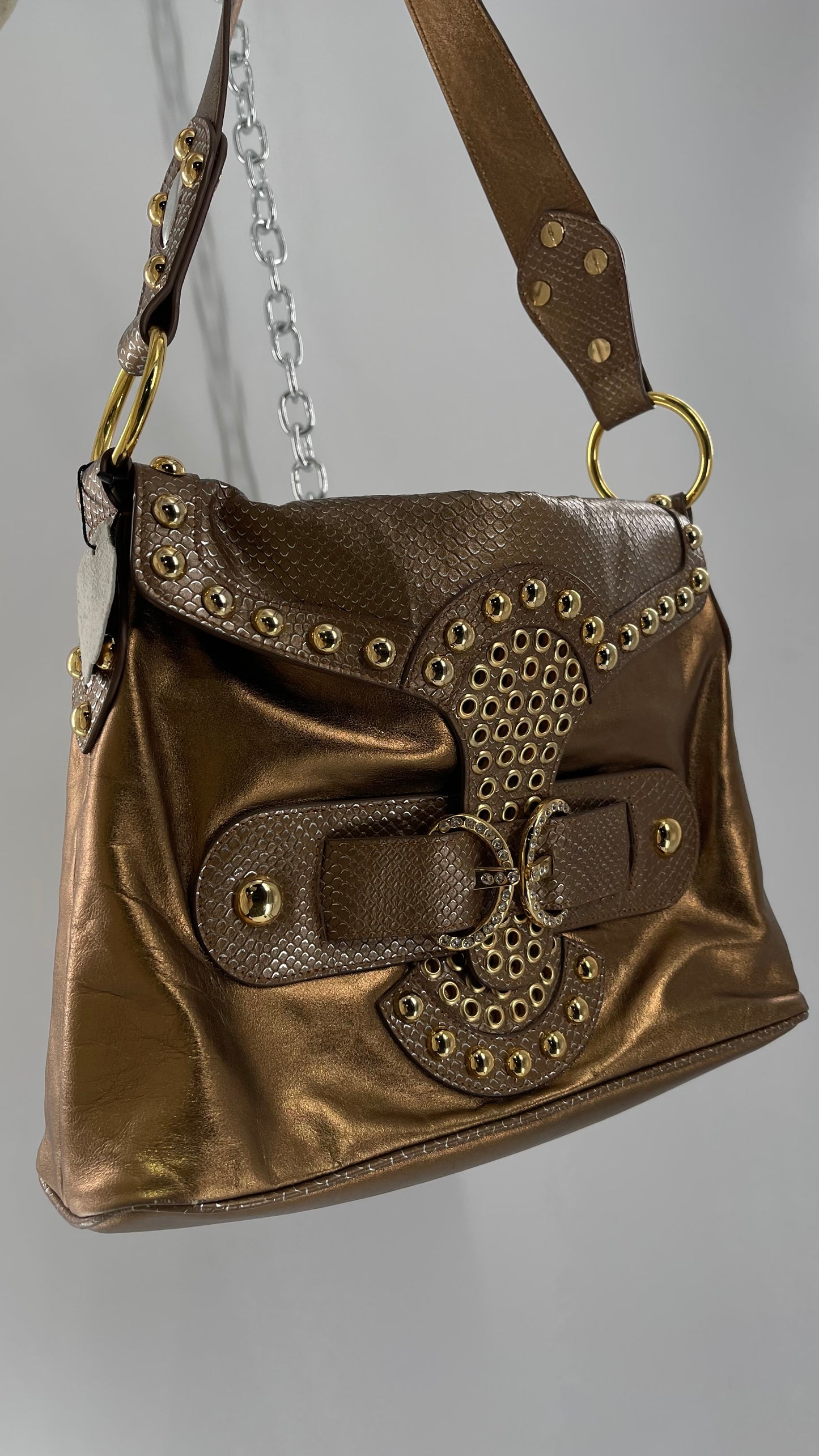 Deadstock Vintage The Find Grandeur Bronze Bag with Grommets, Gemstones, Studs and Exaggerated Buckle