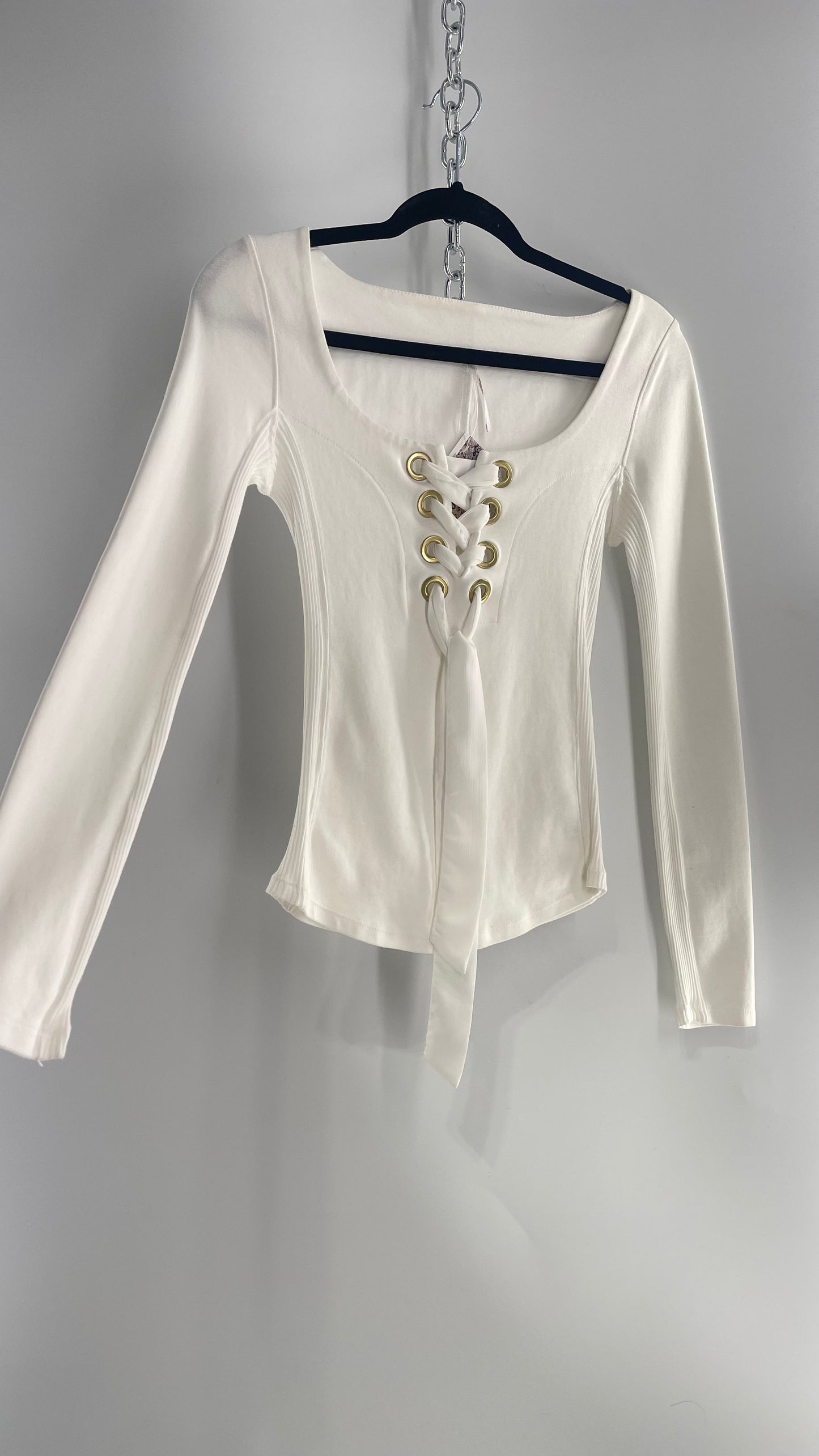 Free People White Lace Up Long Sleeve with Gold Grommets (XS)