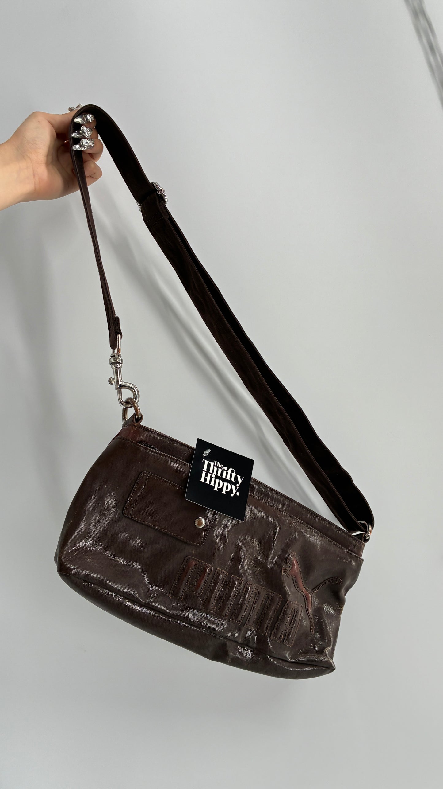 RARE Distressed Vintage PUMA Shoulder Purse, Brown W/ Iconic Logo
