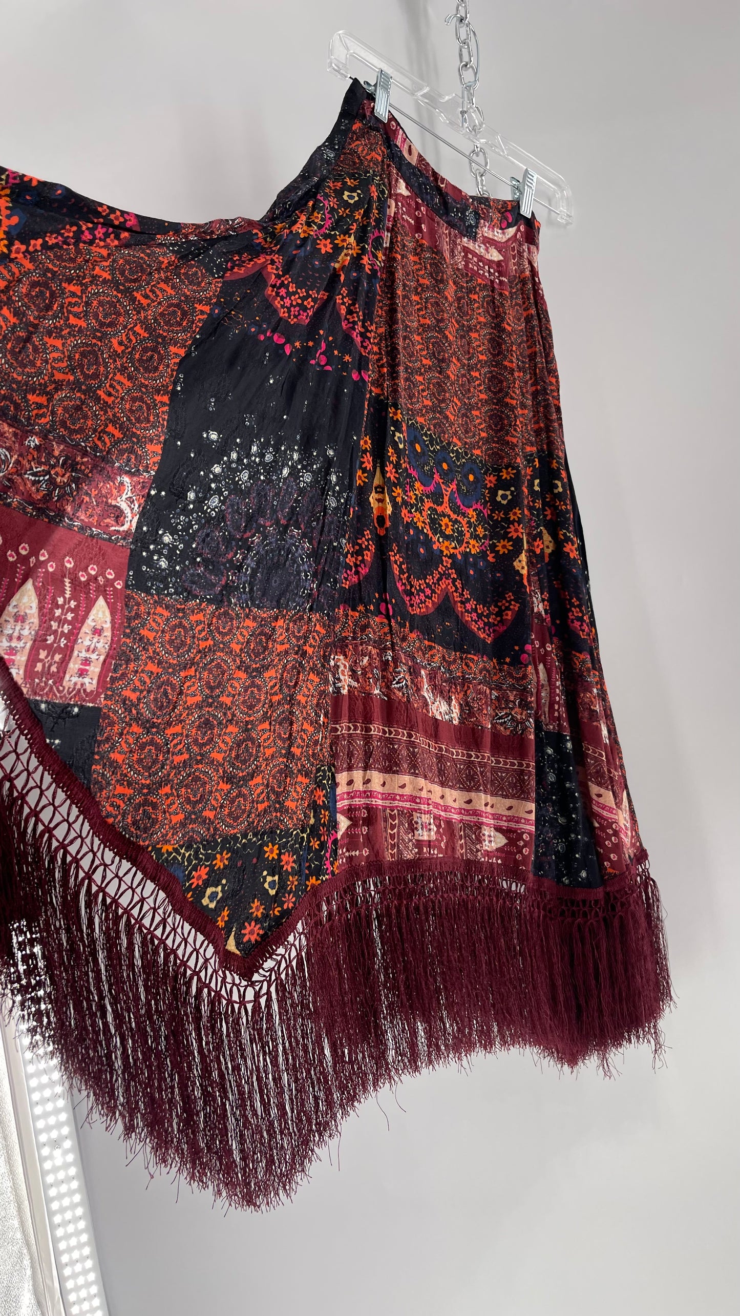 Free People Burgundy Satin Patchwork Patterned Fringe Full Length Skirt with Embossed Symbols and Side Slit Tags Attached (0)