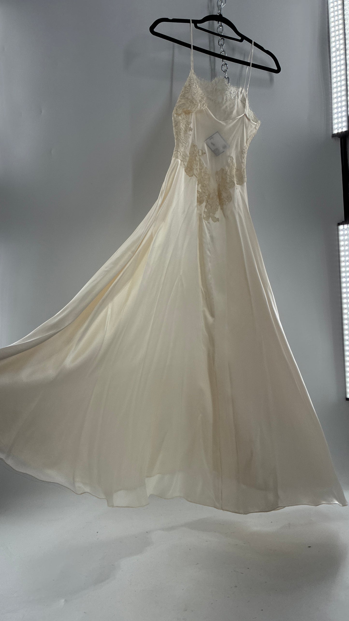 Vintage JONQUIL 100% Silk Gown with Heavy Lace Appliqués and Low Cut Sheer Back (Medium)