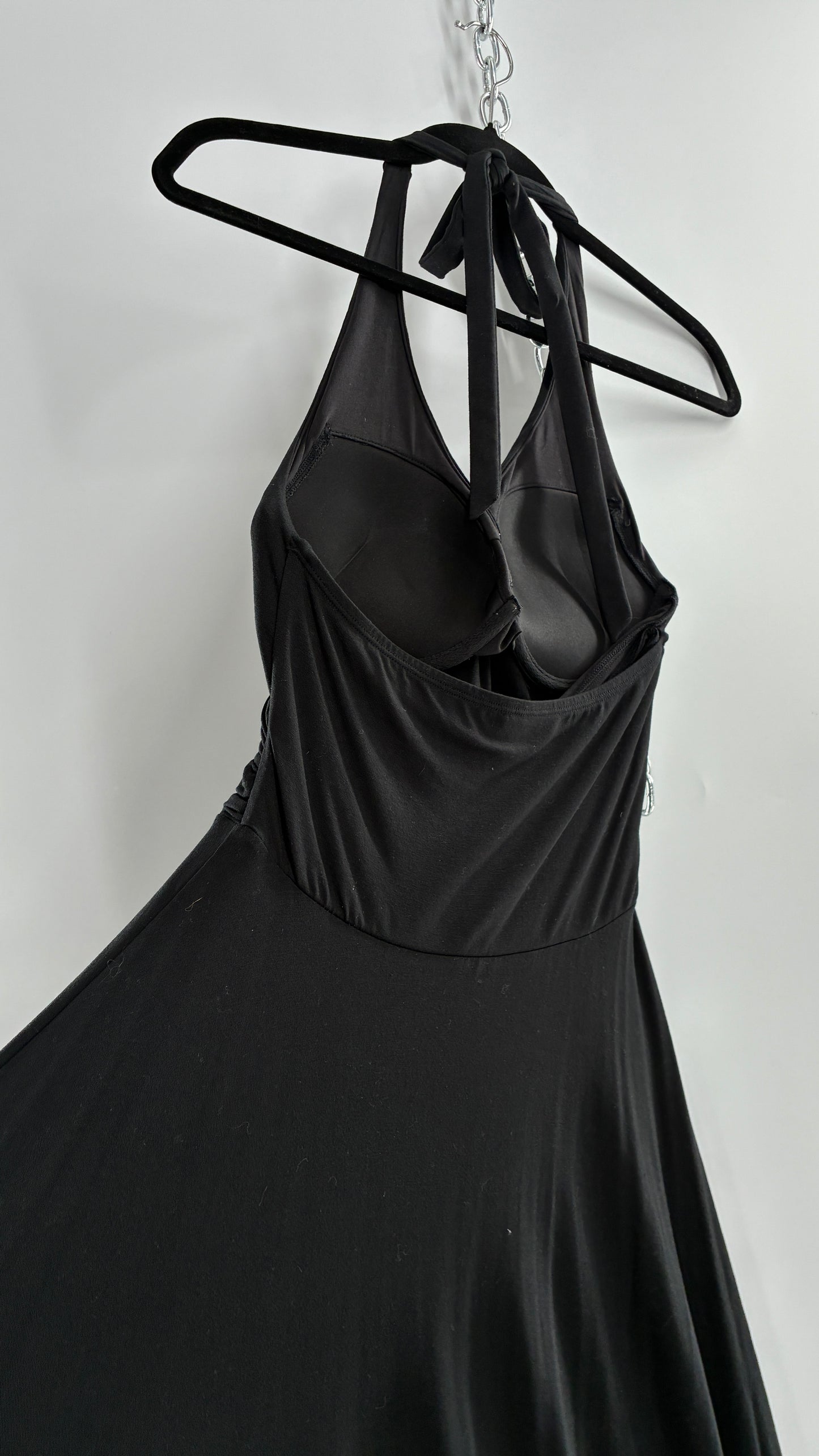 Rare Vintage Victoria’s Secret Black Jersey Knit Halter Voluminous Dress with Built in Padded Bra (34C)
