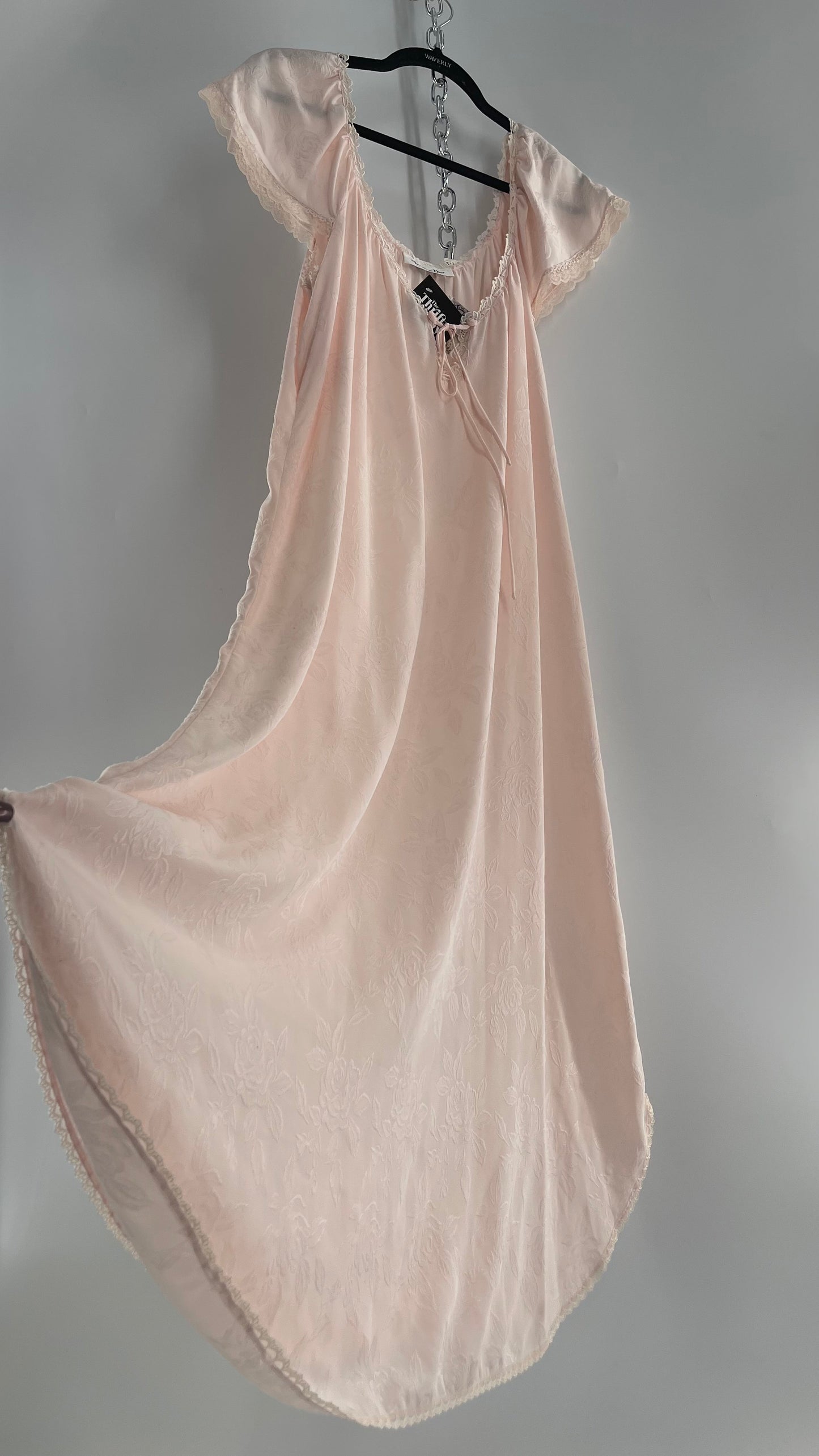 Vintage Christian Dior Pink Night Gown/ Maxi Dress with Floral Embossed Design, Lace Trim and Rosettes (Large)