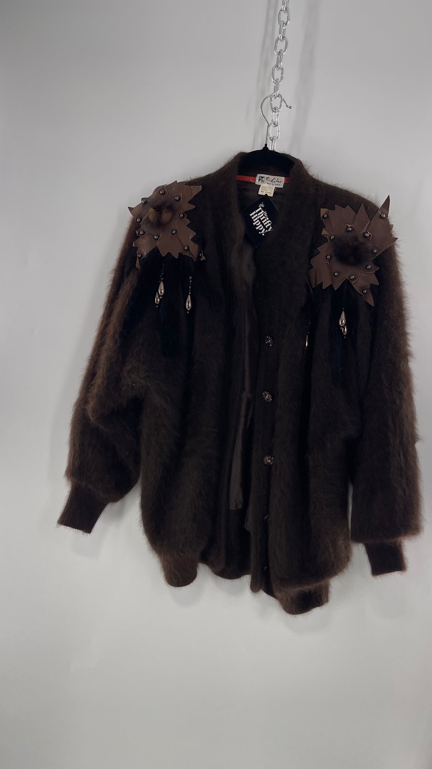 Liho Korean Vintage Brown Cardigan with Leather, Fur and Beaded Detailing 15% Wool 75% Angora  (C)(Medium)