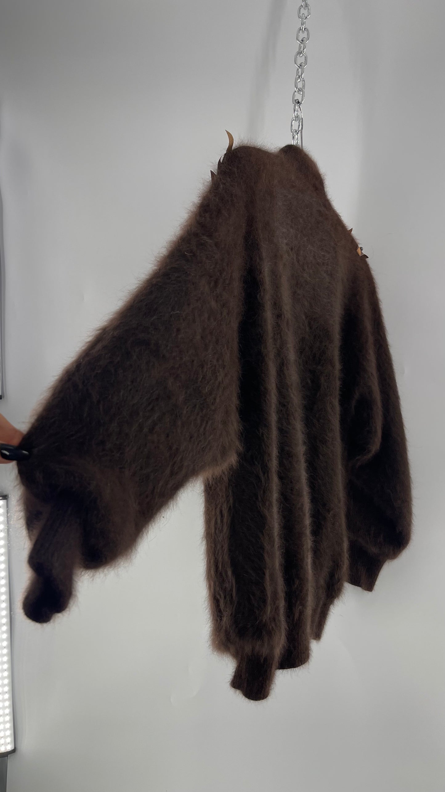 Liho Korean Vintage Brown Cardigan with Leather, Fur and Beaded Detailing 15% Wool 75% Angora  (C)(Medium)