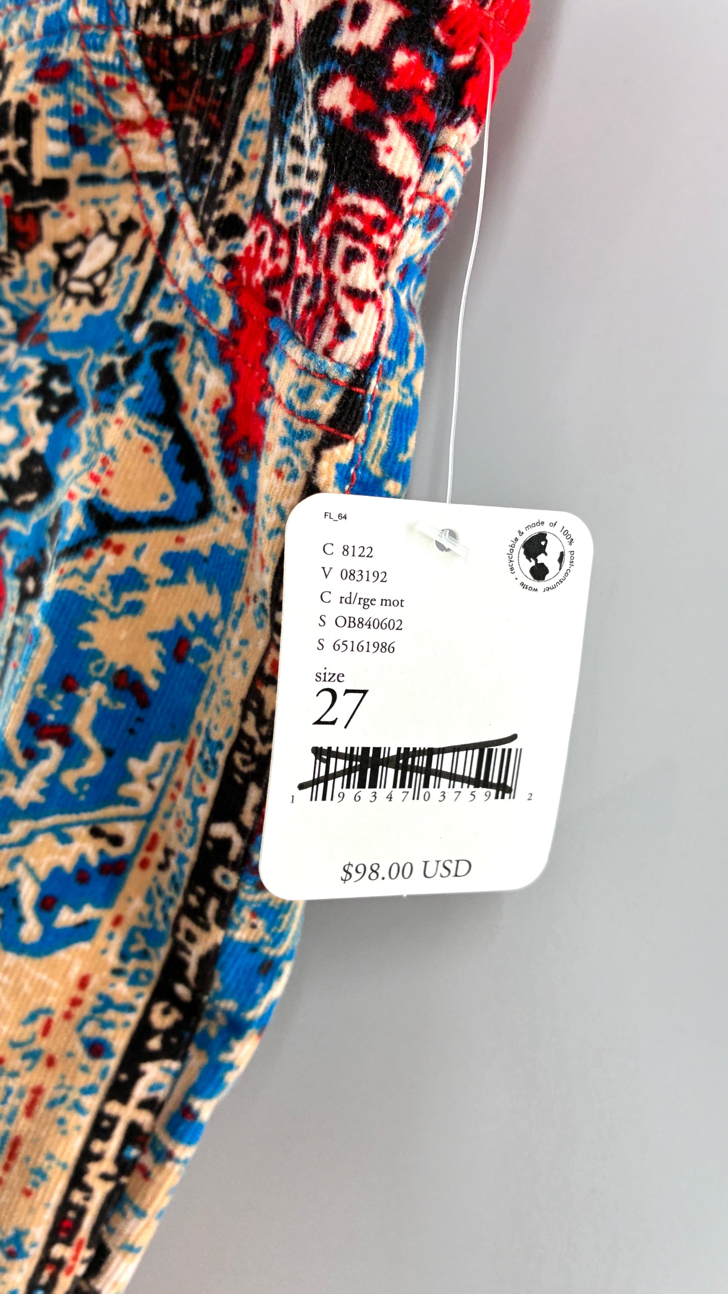 Free People Red, White, Blue Tapestry Patchwork Corduroys with Tags Attached (27)