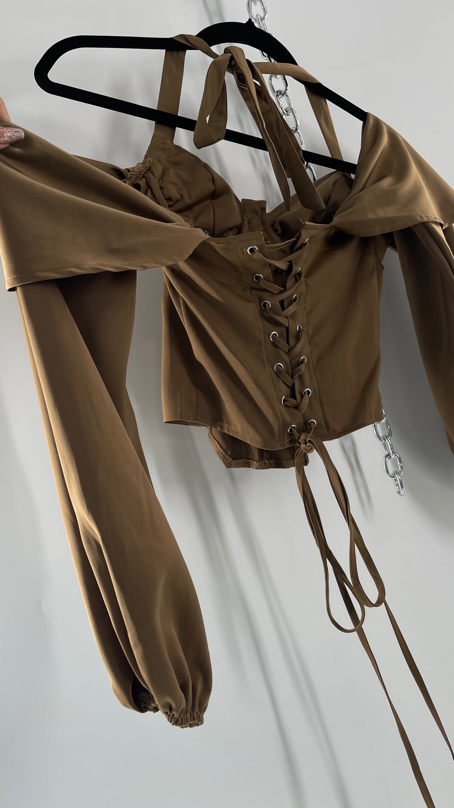 Pretty Little Thing Tan/Gold Corset Blouse with Draped Shoulders, Balloon Sleeves, Halter Strap and Lace Up Back (4)