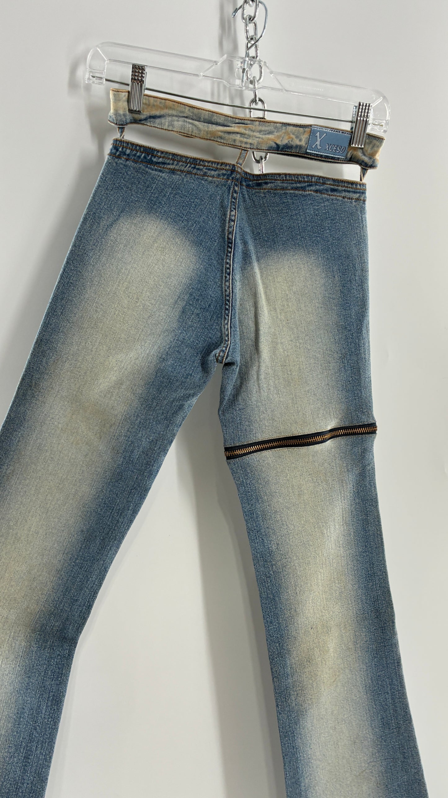 Vintage XCESO JEANS Rare Faded Double Waistband Kickflare Jeans with Functional Zipper Details (Medium*)