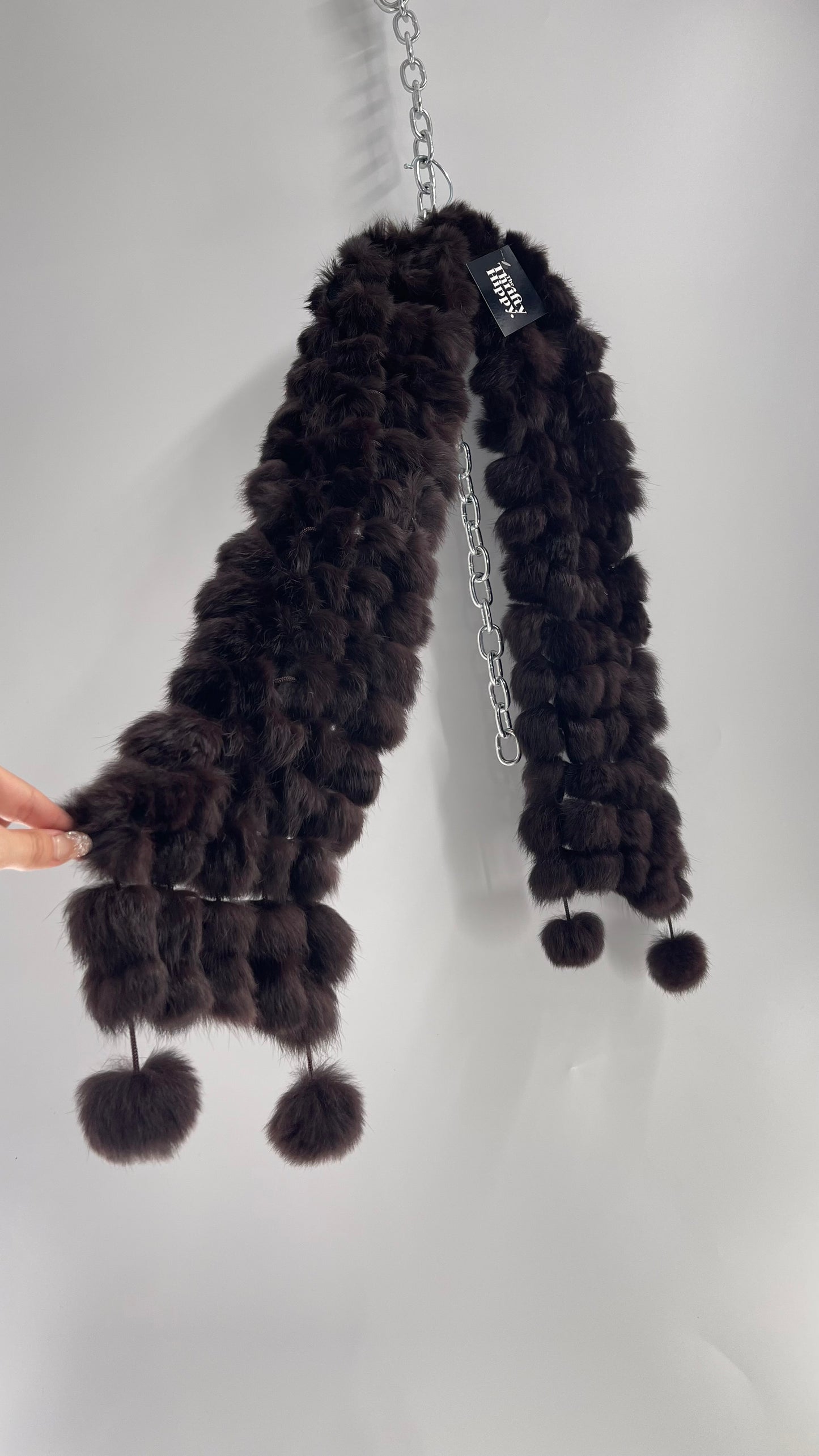 Vintage Dark Brown Rabbit Fur Pompom Scarf