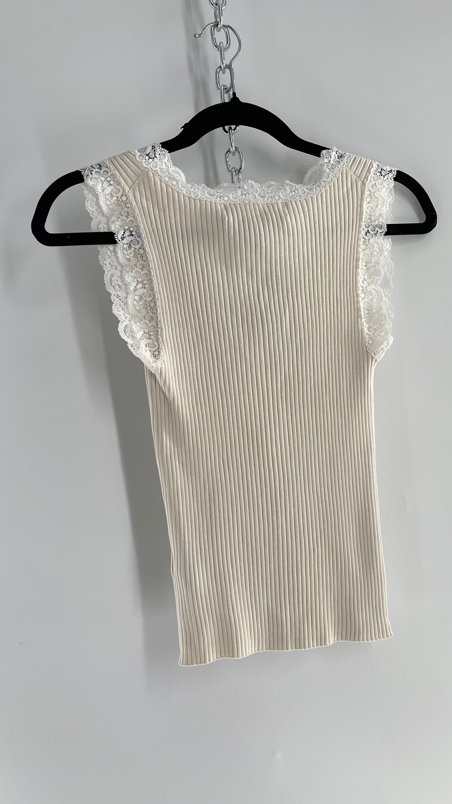Vintage Josephine Chaus Ribbed Beige Tank with Lace Lining (Small)