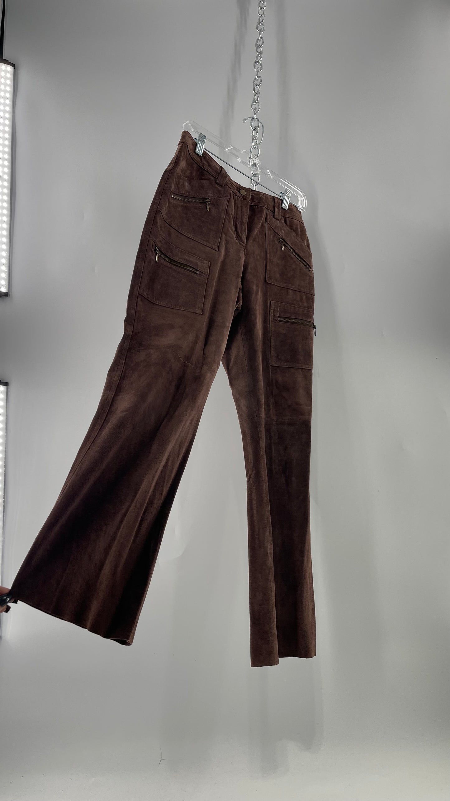 Vintage Context Petit Brown Suede Straight Leg Cargos with Pockets and Bronze Zippers (8P)