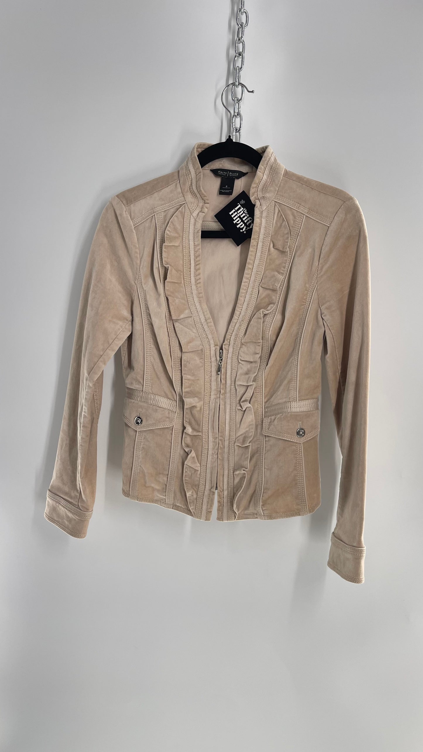 Vintage White House Black Market Ivory Velour Zip Front Ruffled Jacket Top (4)