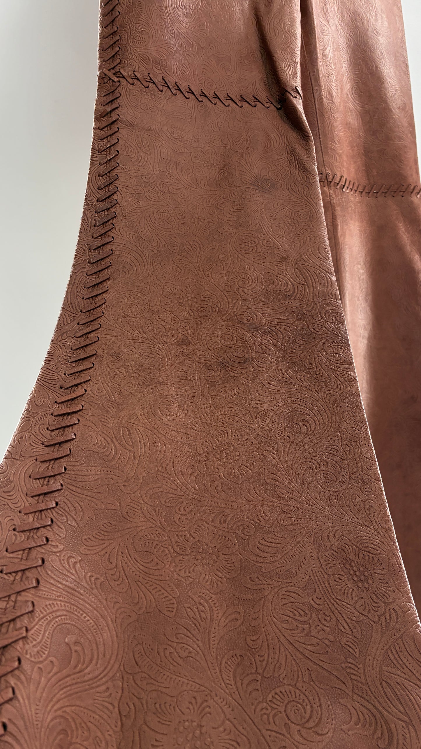Vintage Embossed Paisley Patterned Genuine Leather Pants with Stitching Details (No Label Unbranded, S)