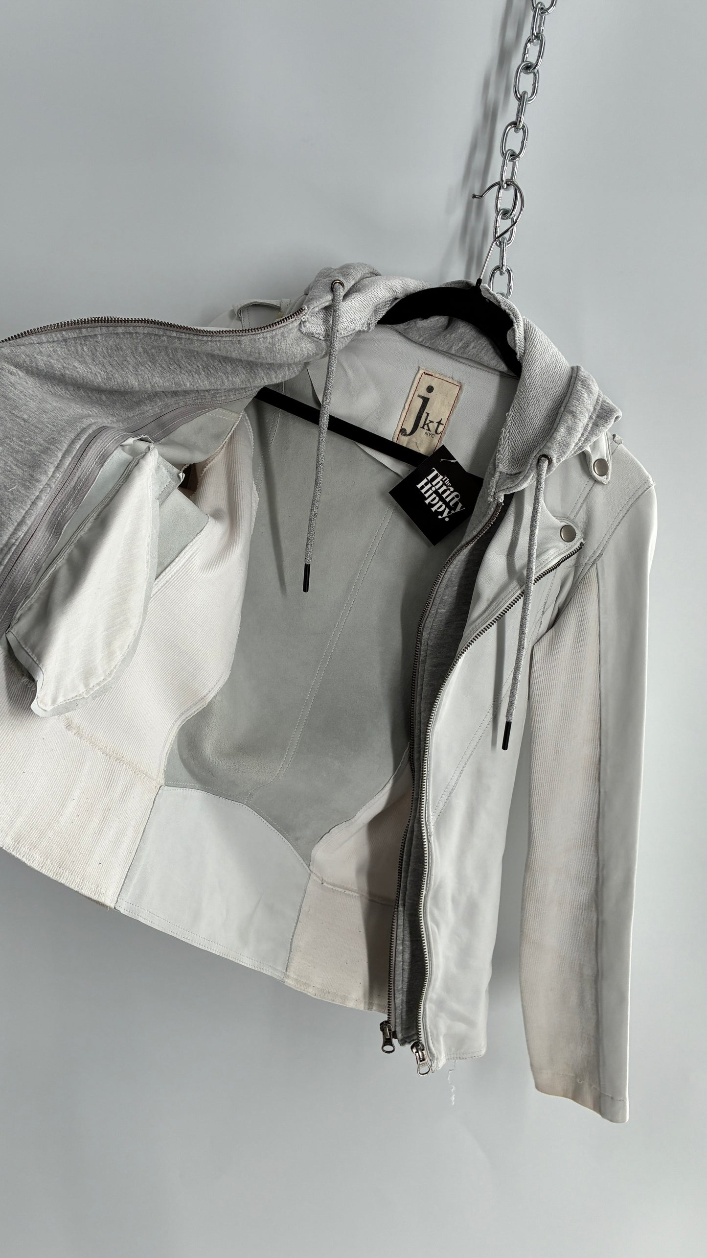 Jakett White Molly Burnished White Genuine Leather Double Layer Moto Jacket with Removable Grey Hoodie Insert (XS)