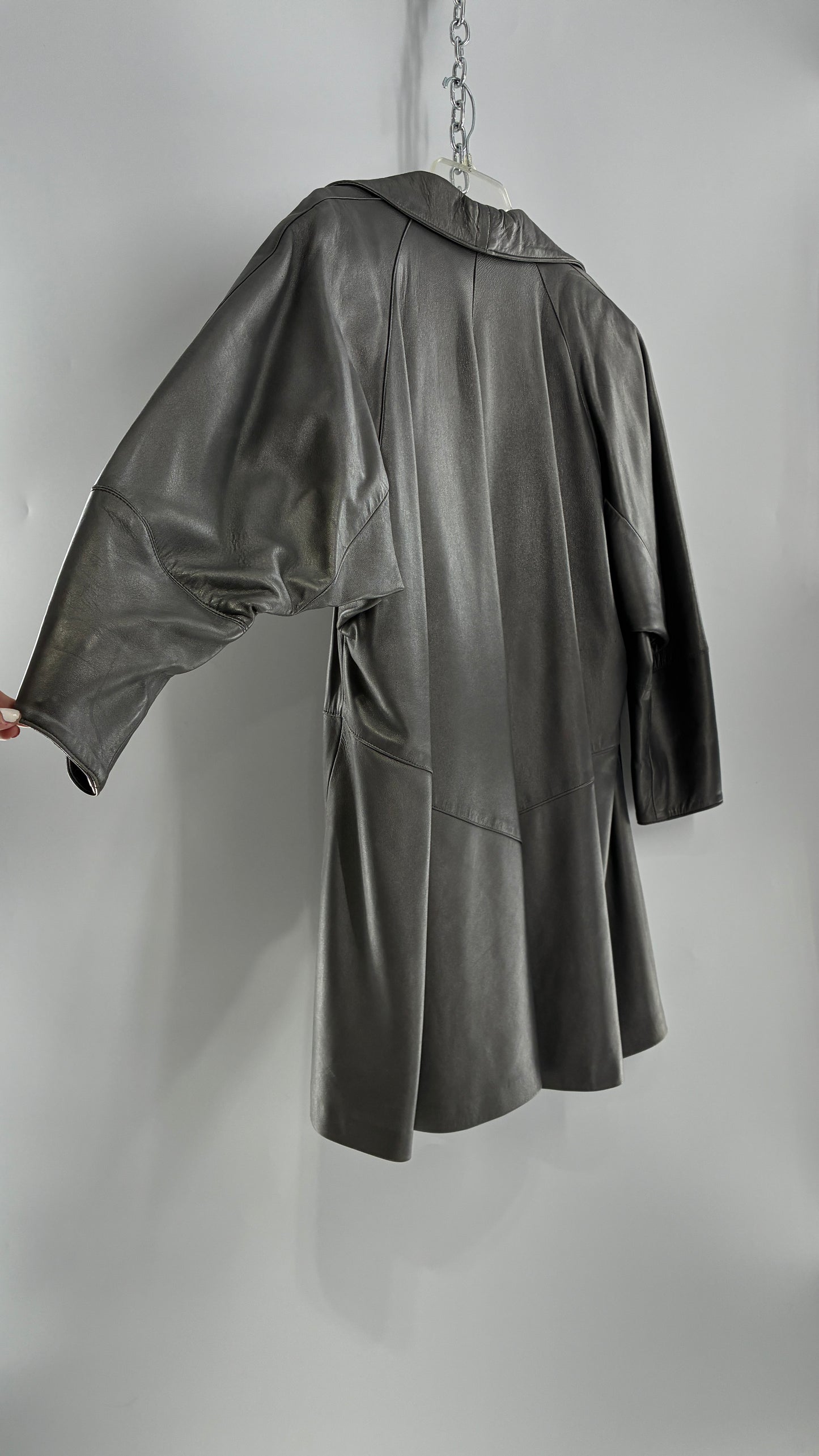 Vintage 1980s JUST PIERRE 3pc Metallic Silver Leather Trench Coat, Micro Mini Skirt and Sheer Blouse Set (S/M)