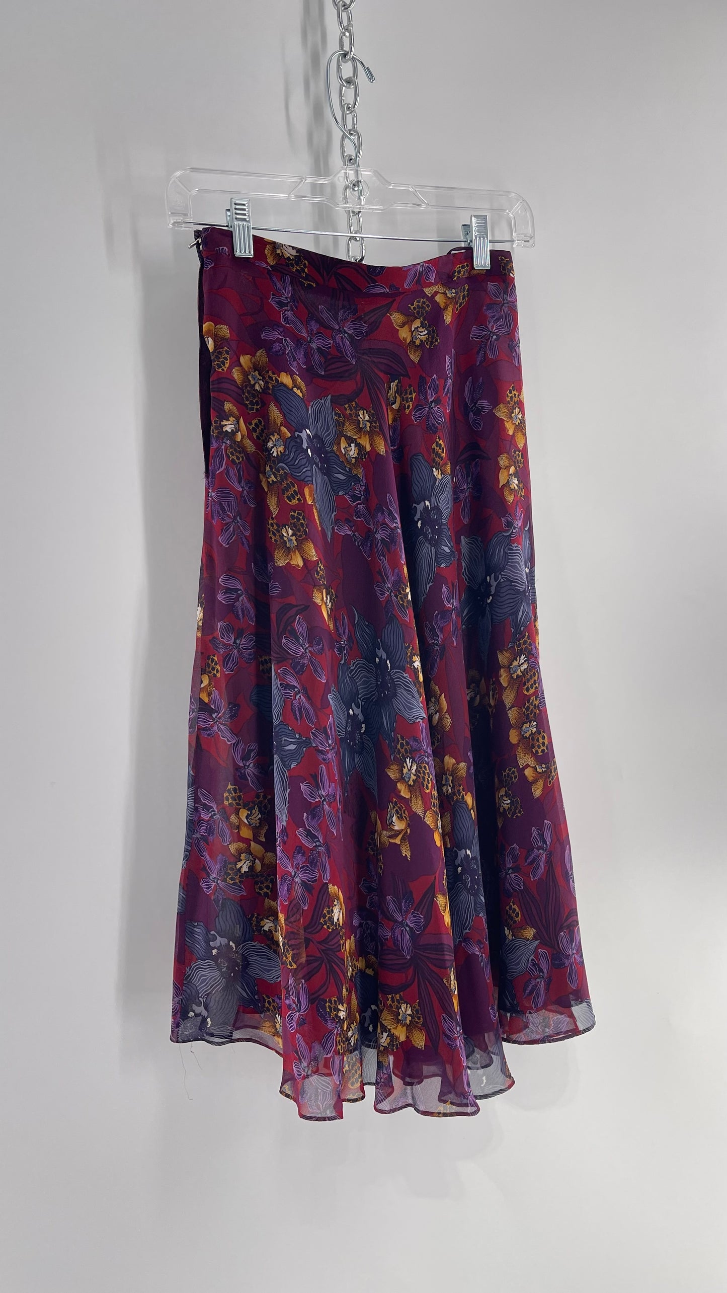 Vintage 100% Silk Burgundy Tropical Skirt with Leopard Florals (4)