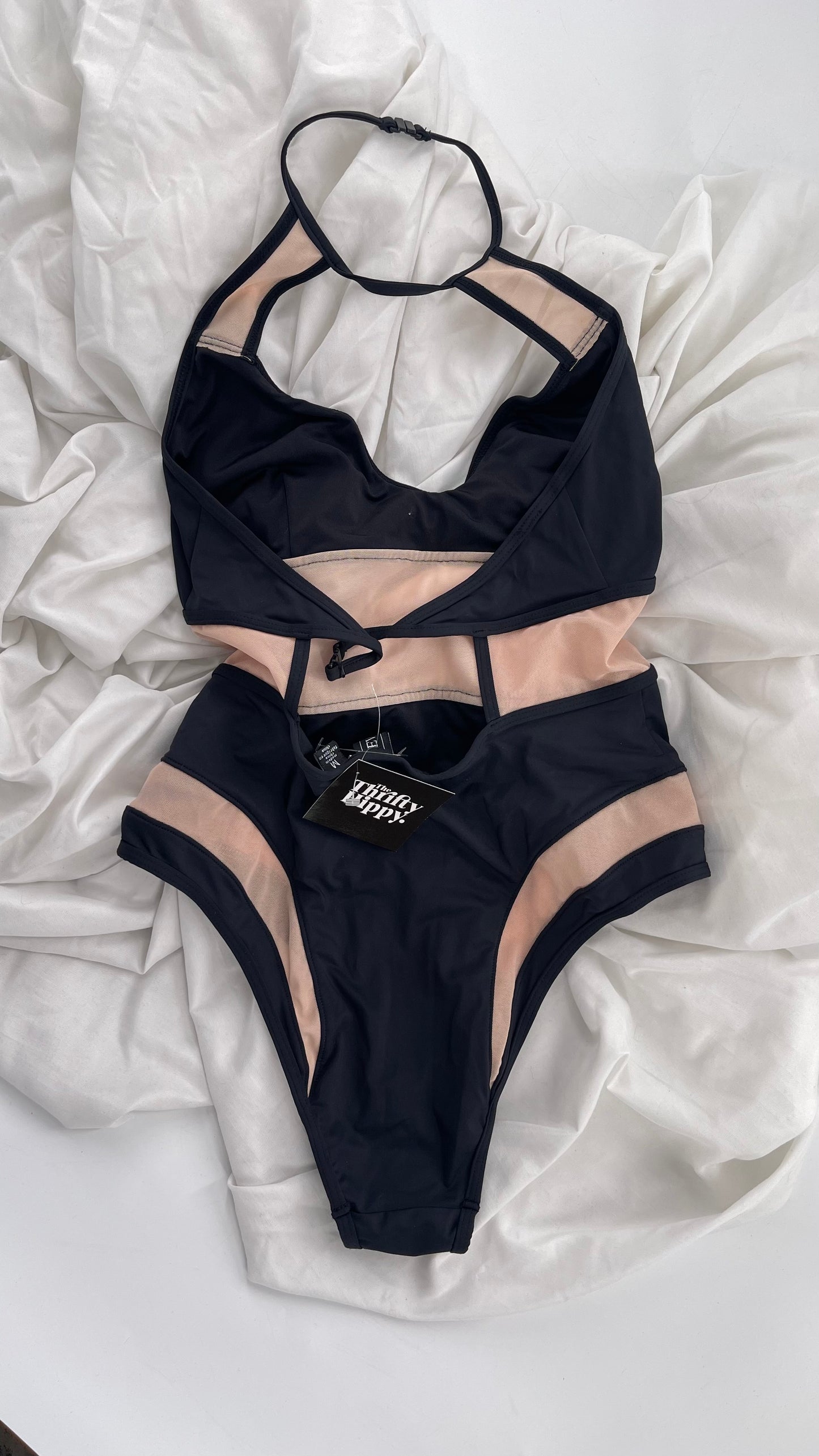EVILTWIN Black Swimsuit with Mesh Cut Outs and Choker Neckline (Medium)