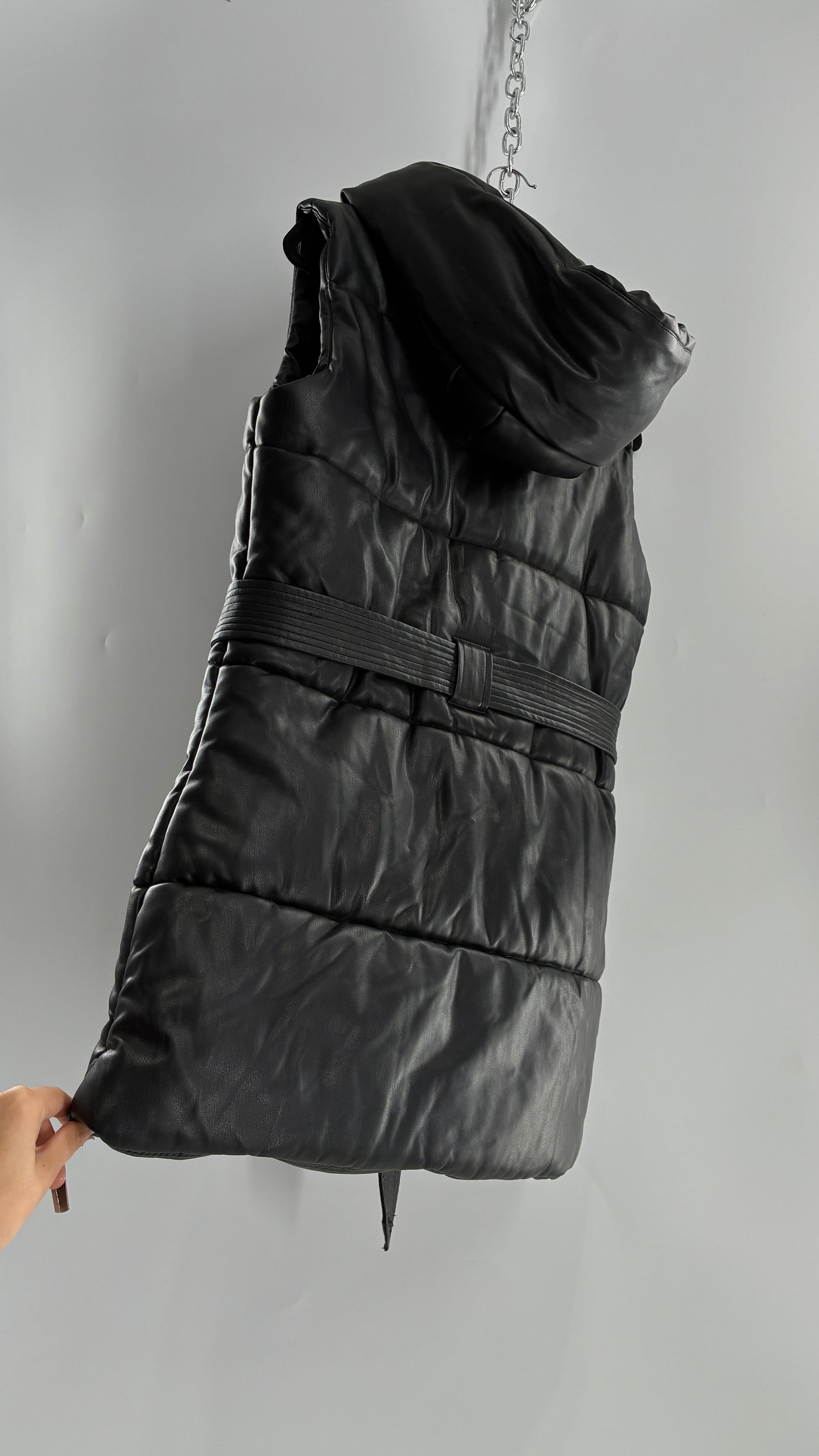 River Island Black Vegan Leather Puffer Style Sleeveless Vest (Small)