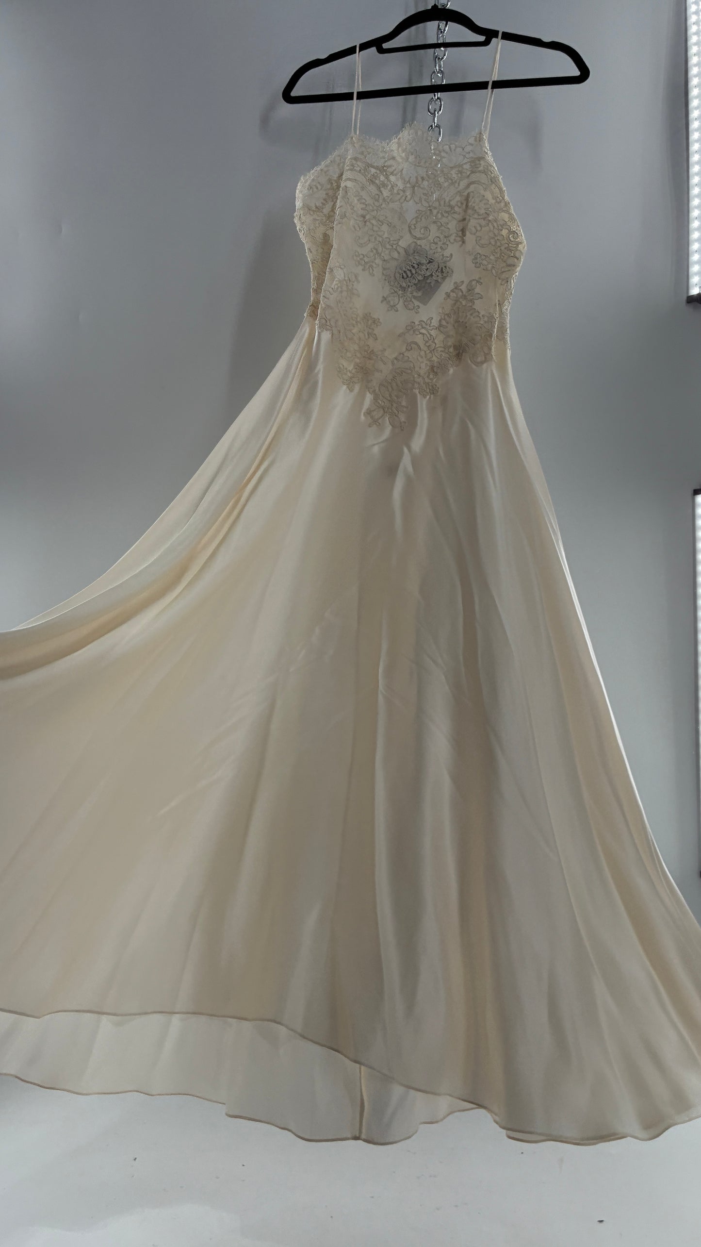 Vintage JONQUIL 100% Silk Gown with Heavy Lace Appliqués and Low Cut Sheer Back (Medium)