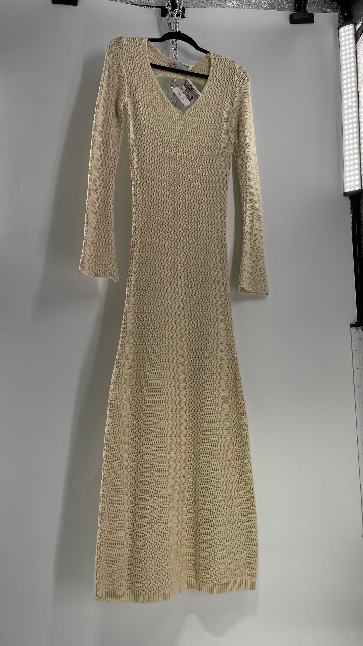 Free People Cozy Cream Knit Open Back Maxi Dress with Slight Bell Sleeve (Large)