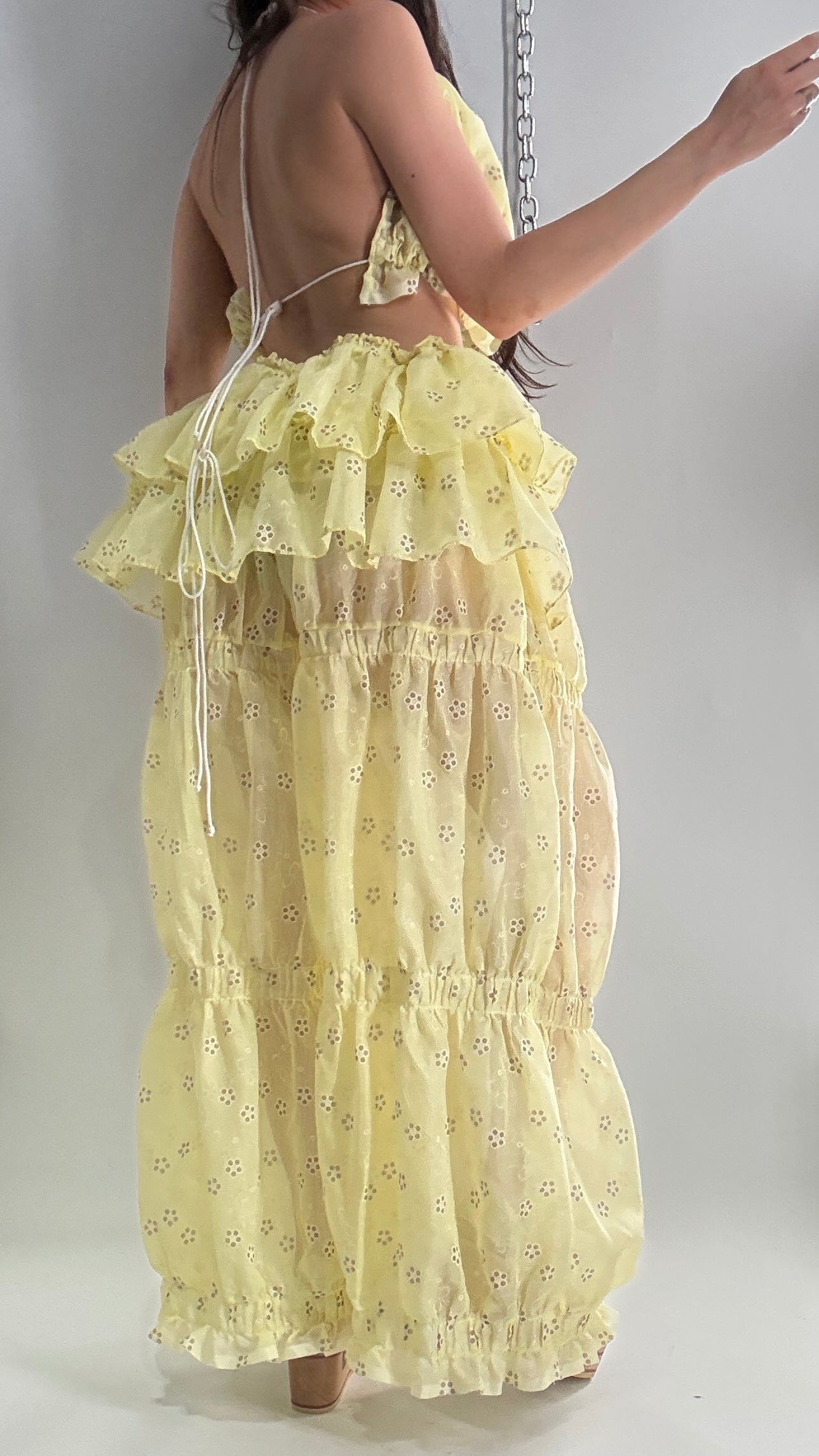 Vintage Handmade 2pc Baby Yellow Set with Tiered Pants, Ruffled Bum, and Floral Eyelet Pattern (XS-M)