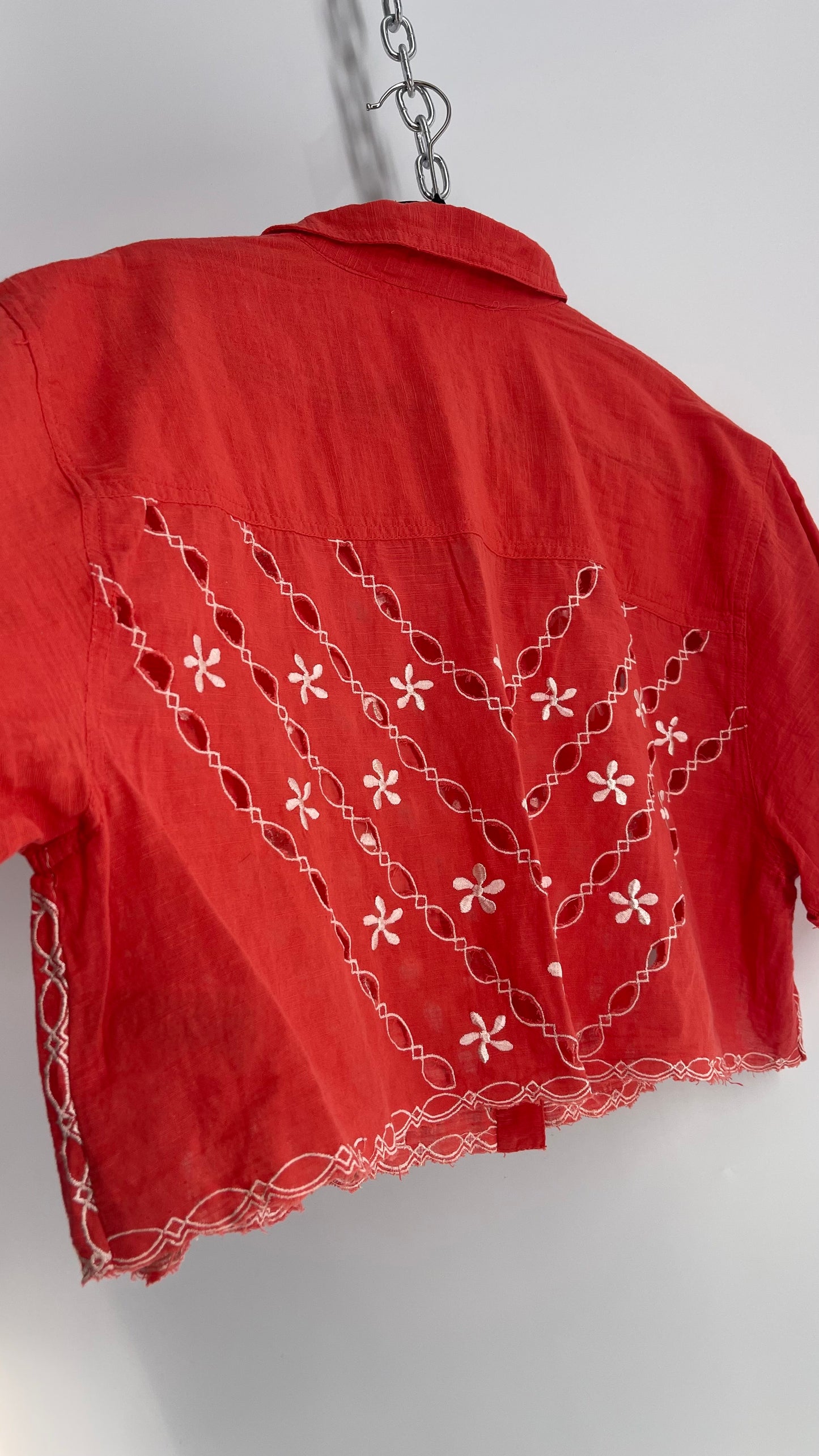 Free People Coral Top with White Eyelet Lace Embroidery (XS)