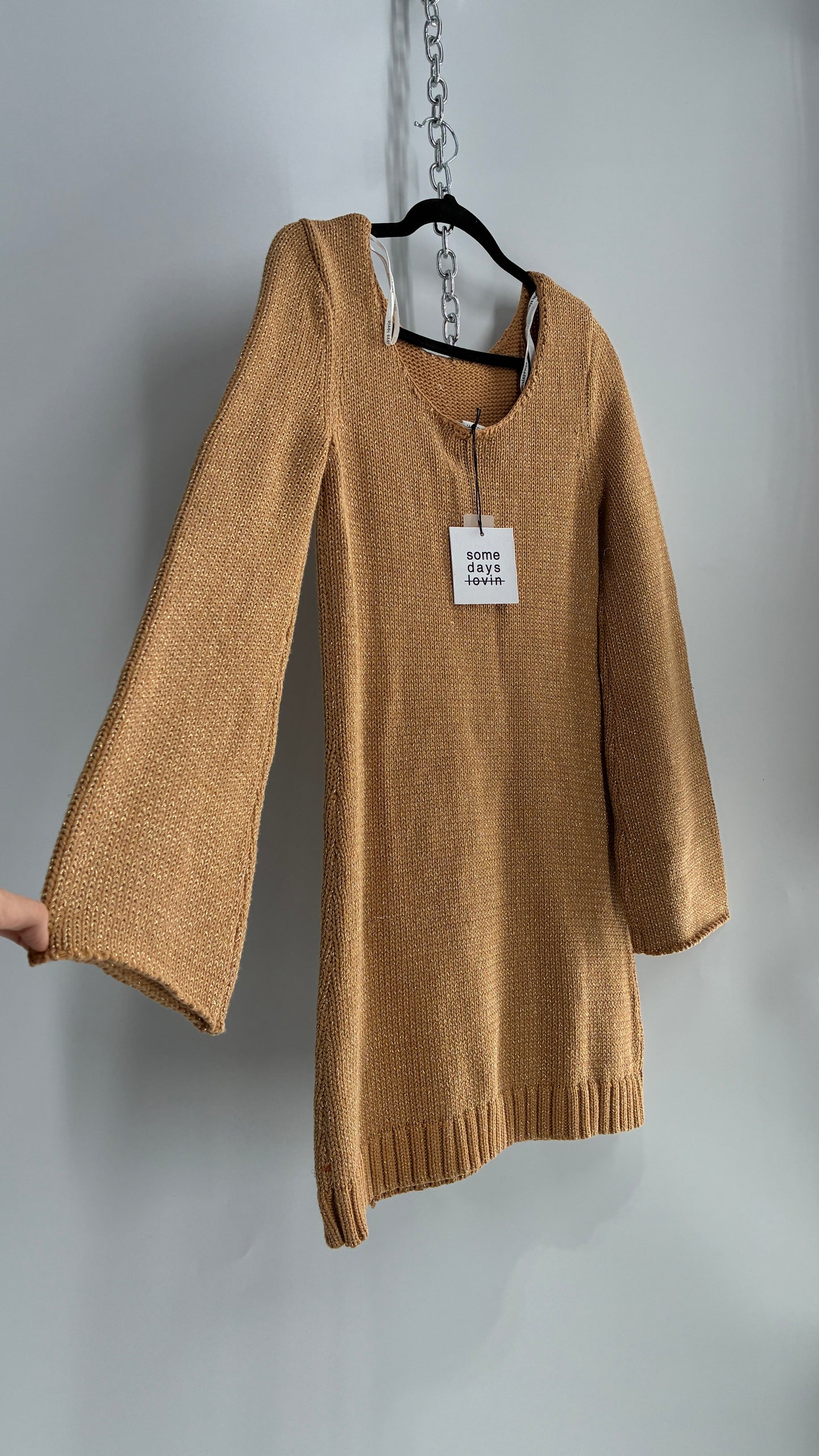 Some Days Lovin Gold Tinsel Knit Bell Sleeve Mini Dress (Small)
