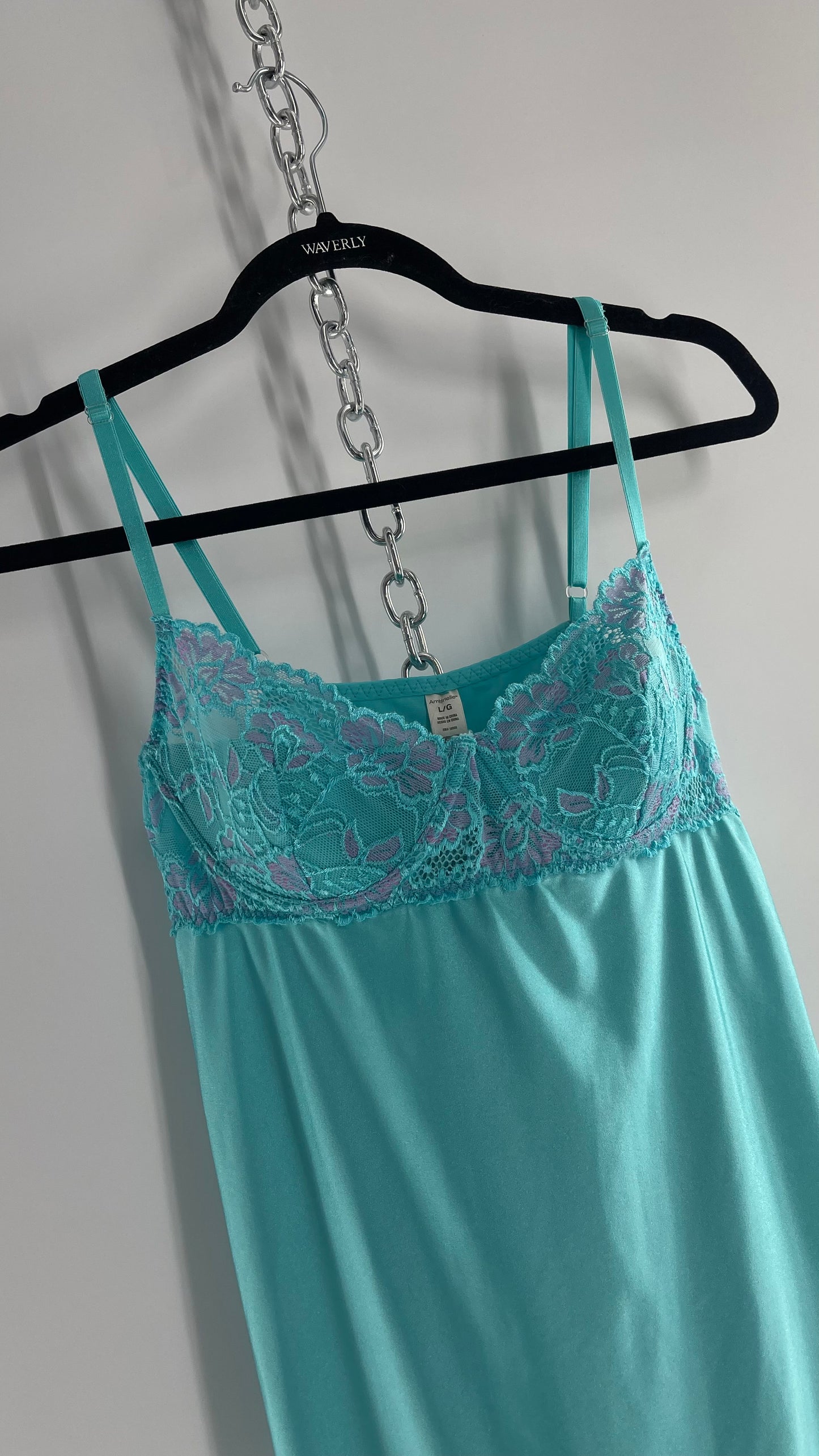 Vintage Baby Blue Balconette Mini Dress with Lace Cups and Purple Details (Large)
