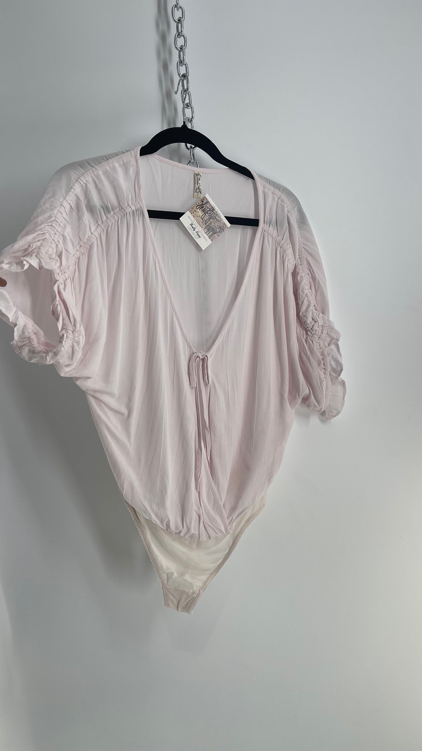 Intimately Free People Light Pink Bodysuit with Ruched Sleeve Detail (Small)