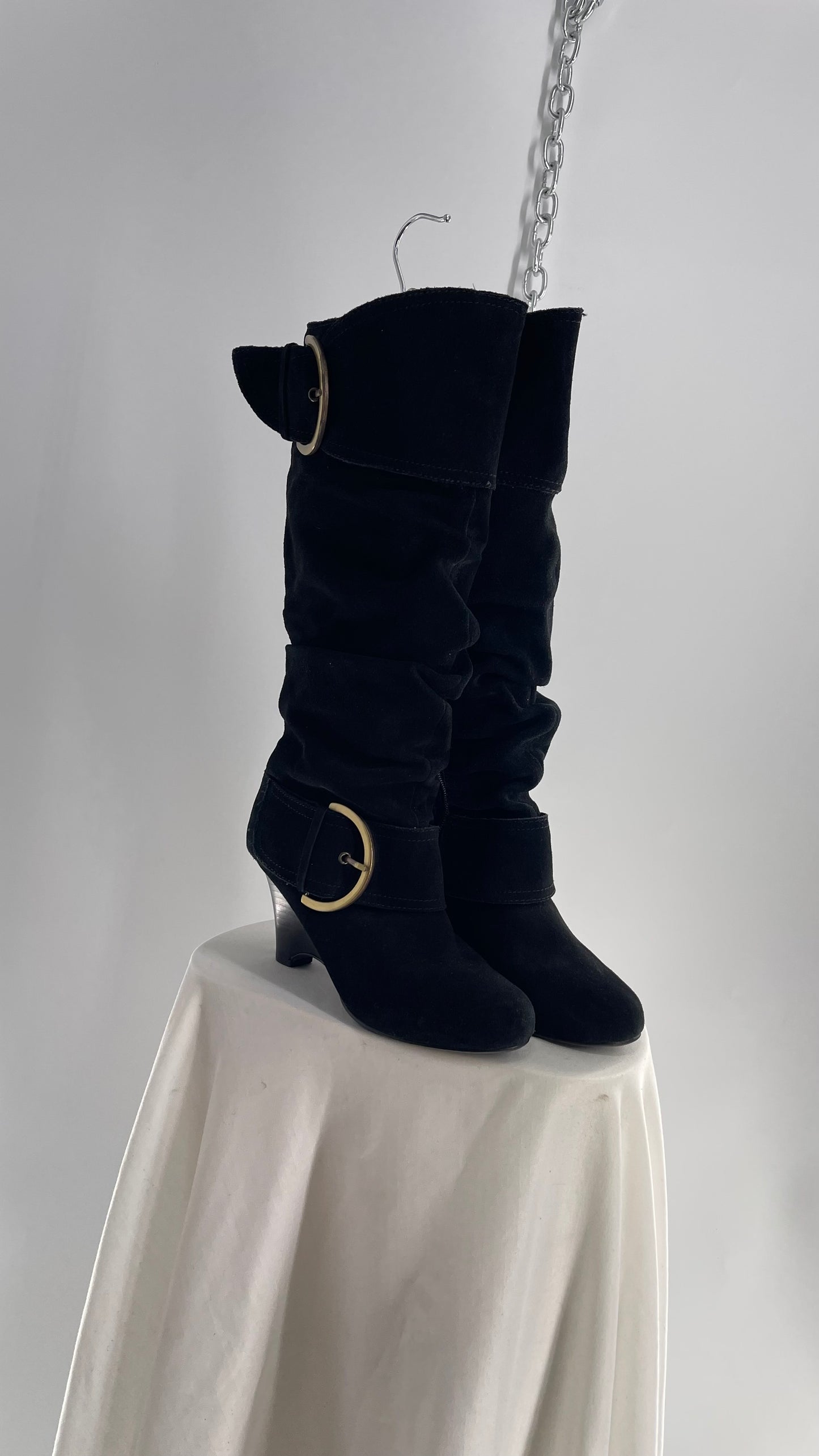 Naughty Monkey Black Suede Wedge Boot with Gold Buckle (7)