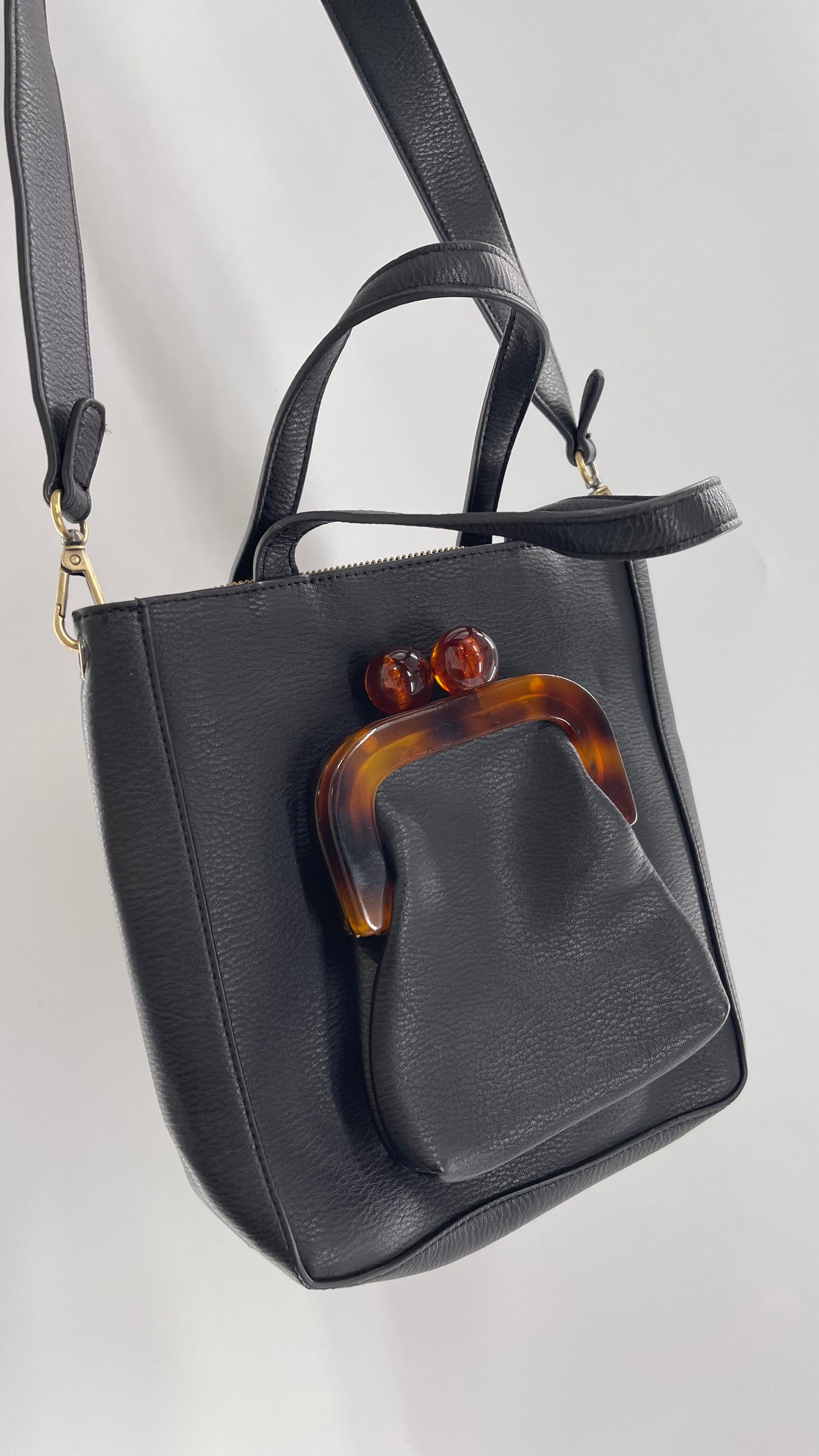 Anthropologie Black Vegan Leather Purse with Detachable Coin Purse and Strap