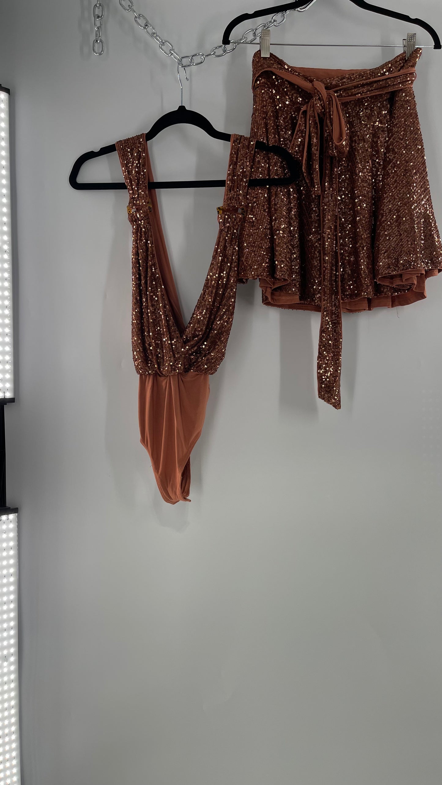 Free People Bronze Sequin 2Piece Set with Wrap Around Skirt and Bodysuit (XS body, S Skirt)