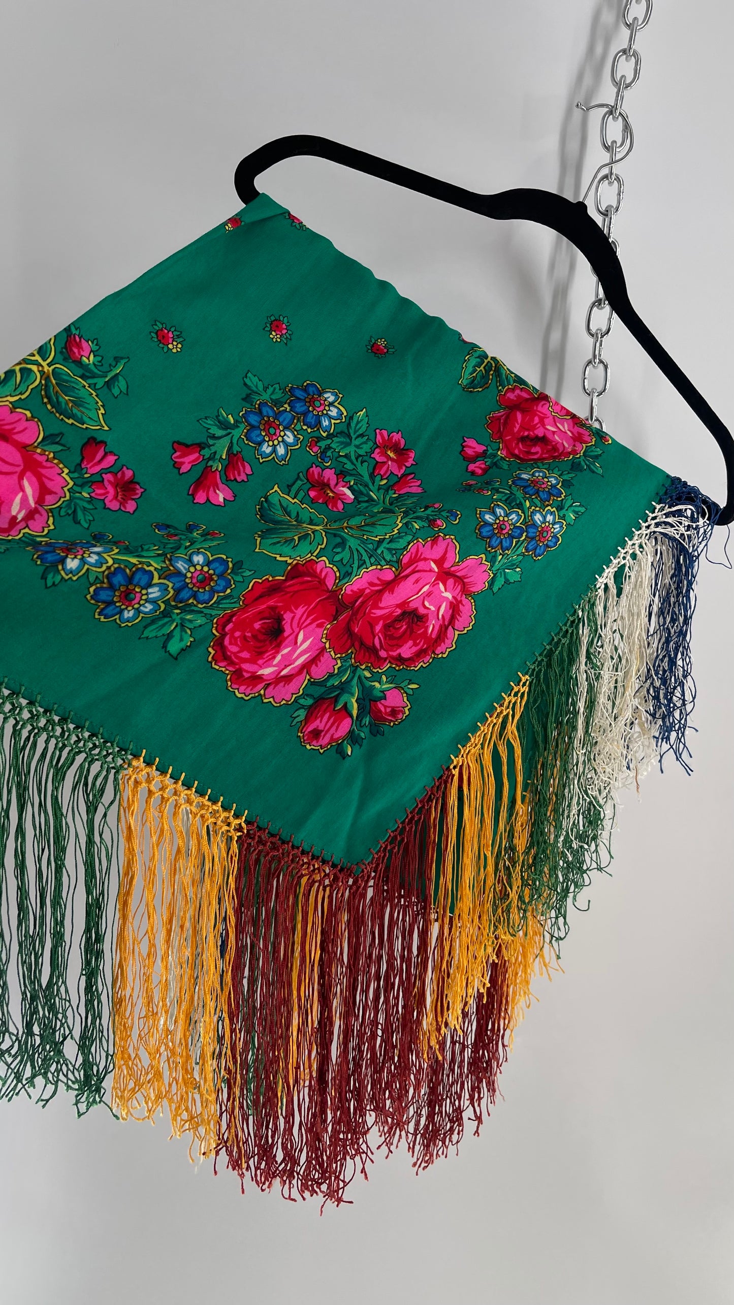 Vintage Shawl with Roses and Tassel Fringe
