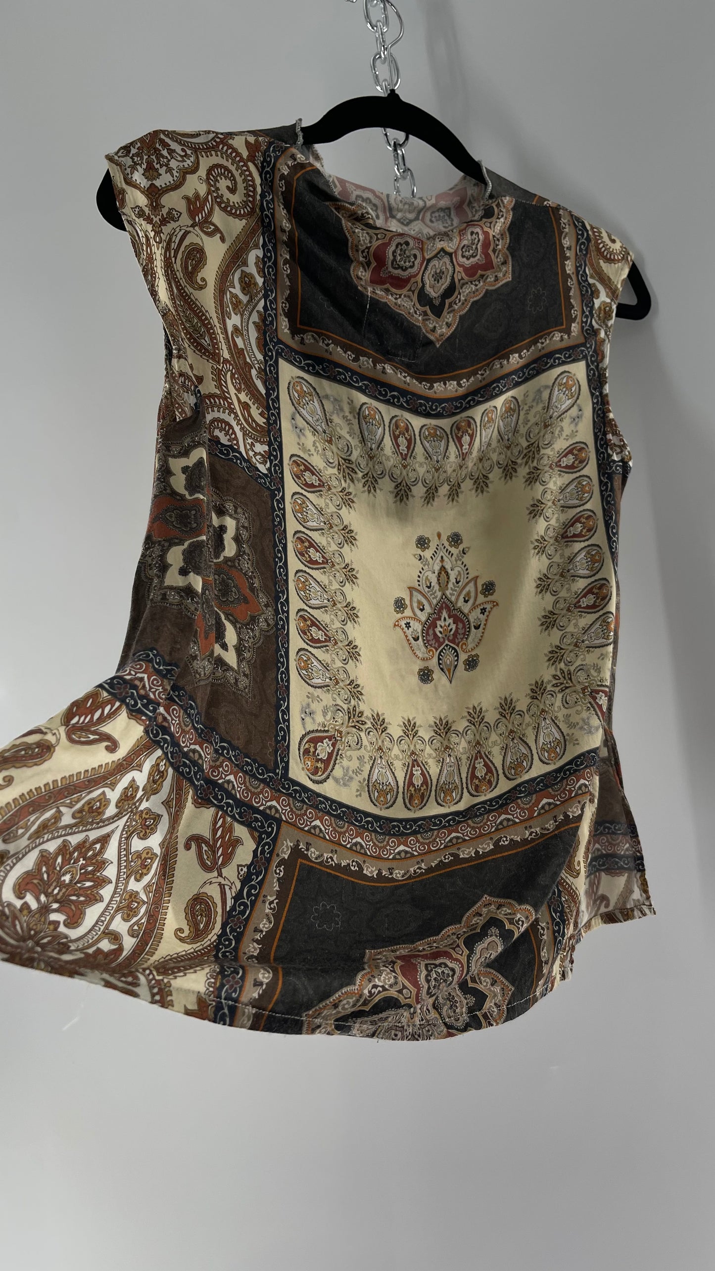 Free People CHASER Neutral Paisley Patterned Sleeveless High Neck Blouse (Small)