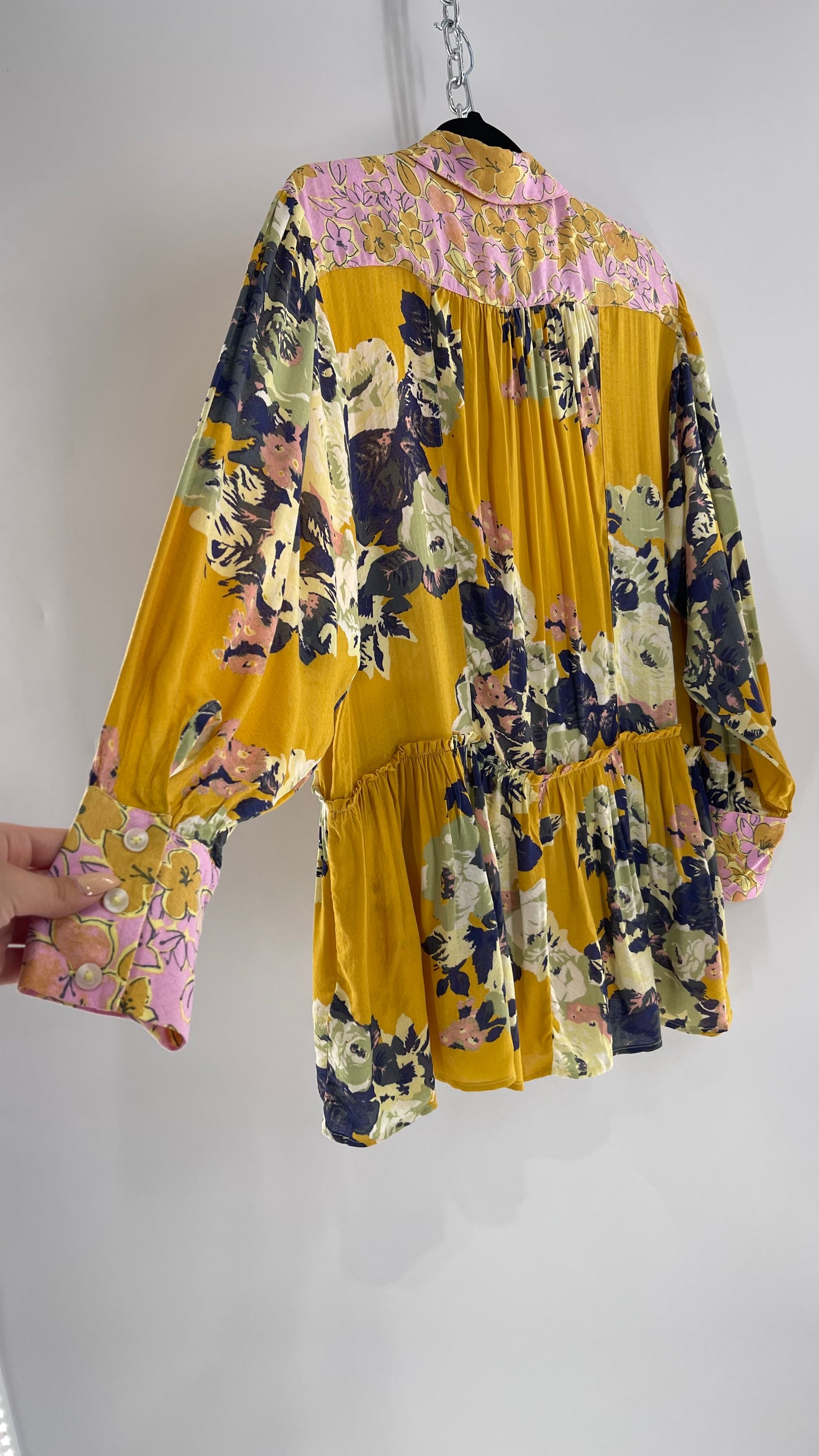 Free People Oversized Button Up Contrast Pattern Yellow Floral Blouse (XS)