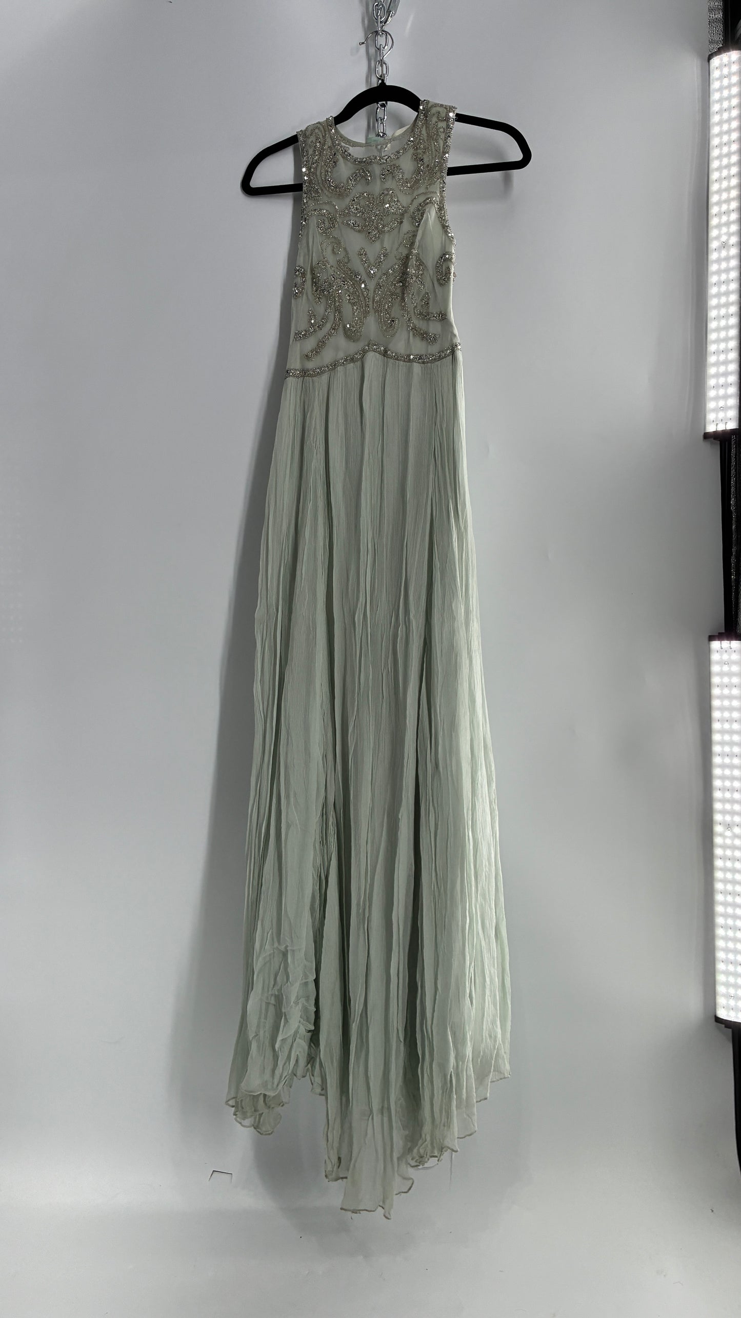 KIMCHI BLUE Light Greyish Seafoam Green Crimped Gown with Beaded Bodice and Sheer Back (2)