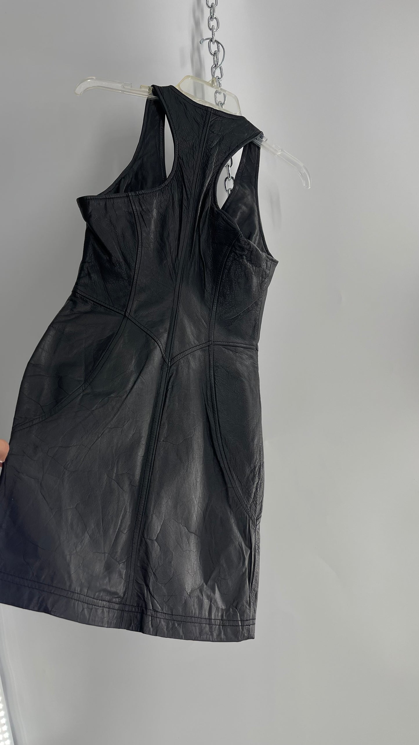 Vintage 1980s VERDUCCI Black Leather Zip Front Mini Dress (Small)