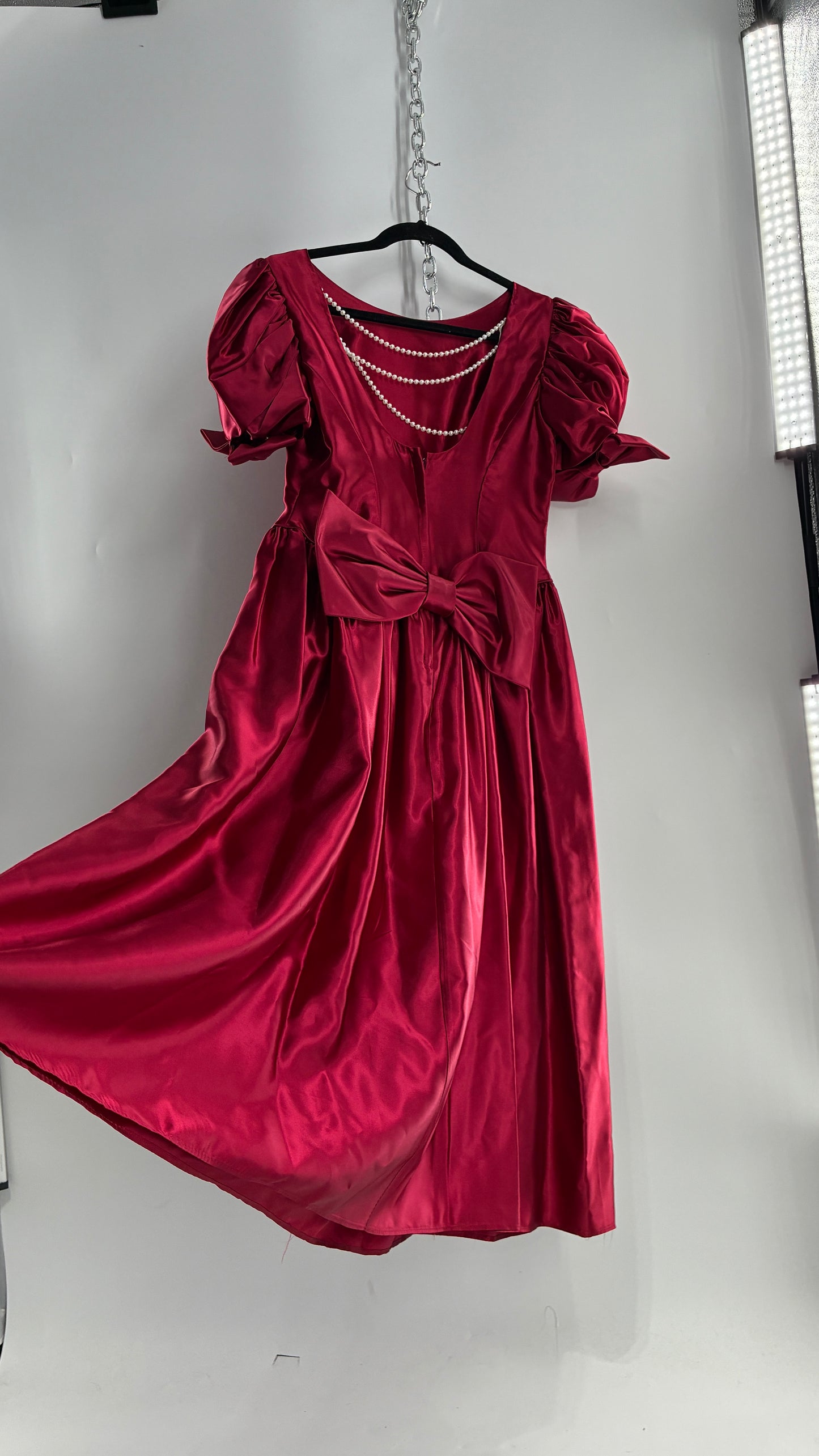 Vintage Red Silky Satin Corset Style Dress with Sweetheart Neckline, Puff Sleeves, Oversized Bow Bum, Open Back and Draping Pearls (10P)