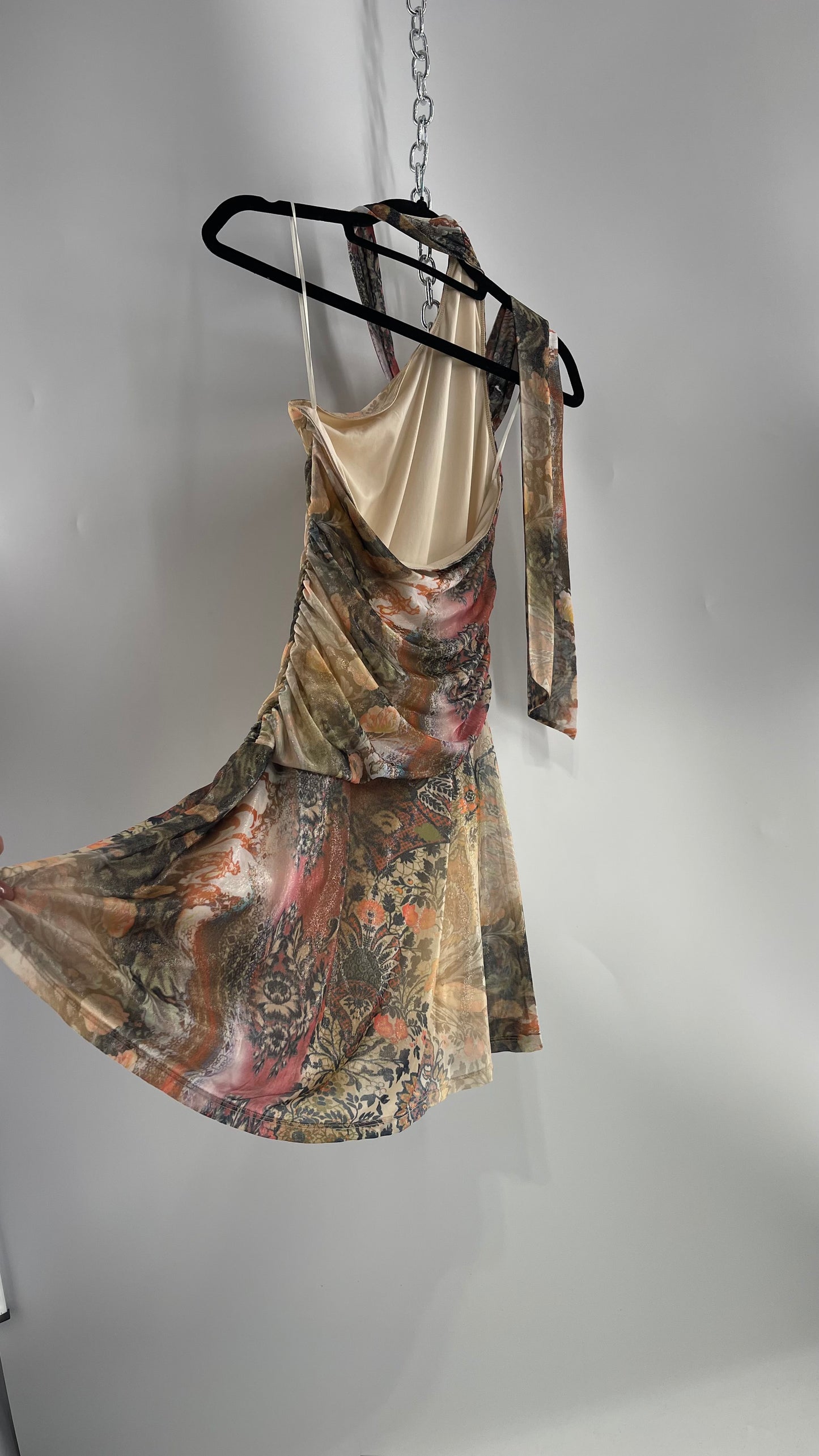 Urban Outfitters All Over 90s Tattoo Graphic Neck Tie Mini Dress with Asymmetric Hem (Medium)