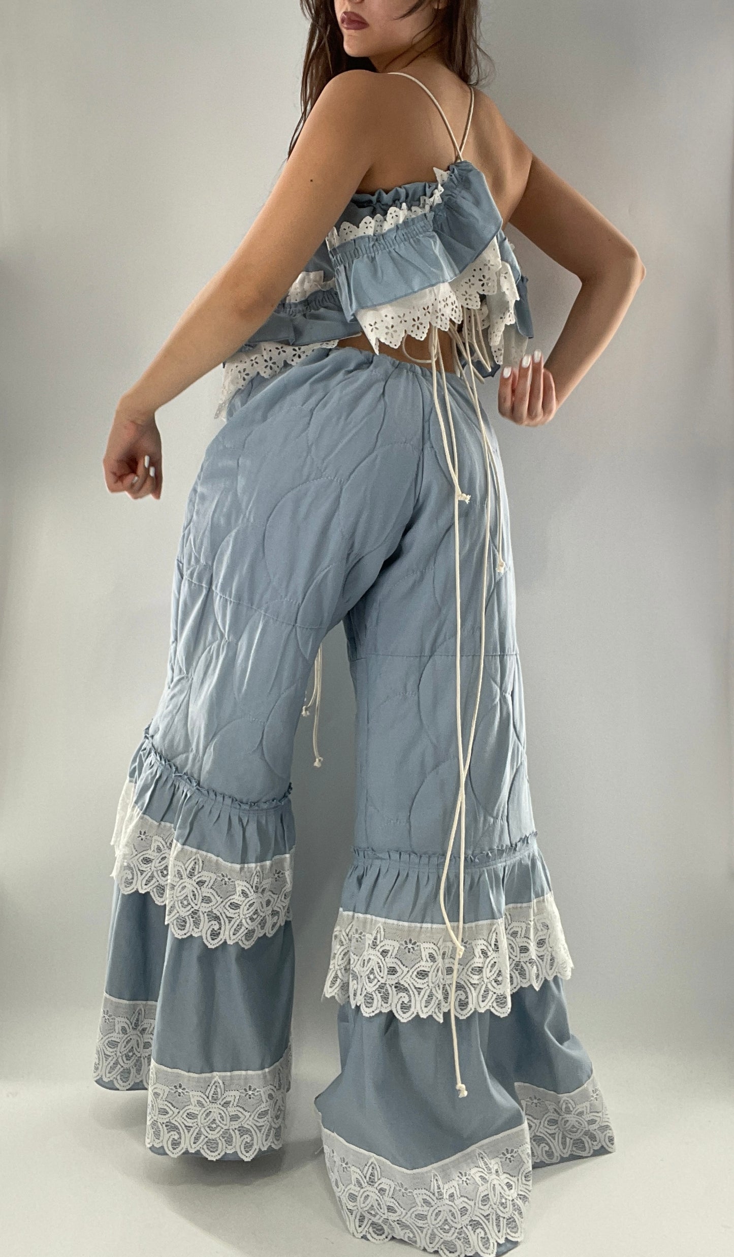 Vintage 2 Piece Powder Blue Set Featuring 2Way Blouse and Quilted Trousers Covered in Ruffles, Lace and Trim (One Size)