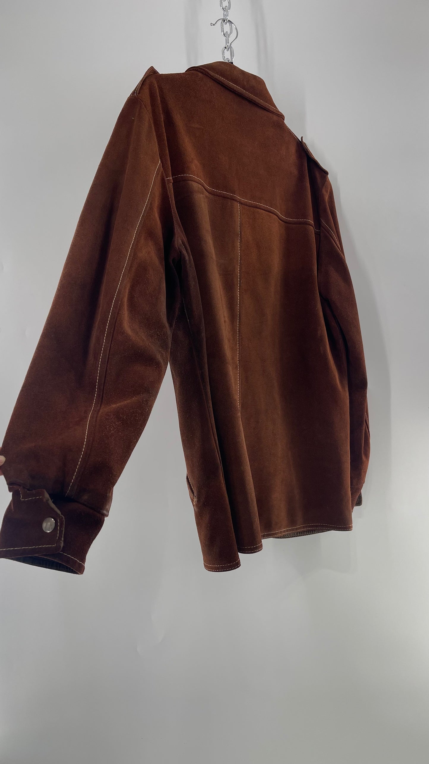 Vintage Brown Suede Jacket with Contrast White Stitching (C)(Large)