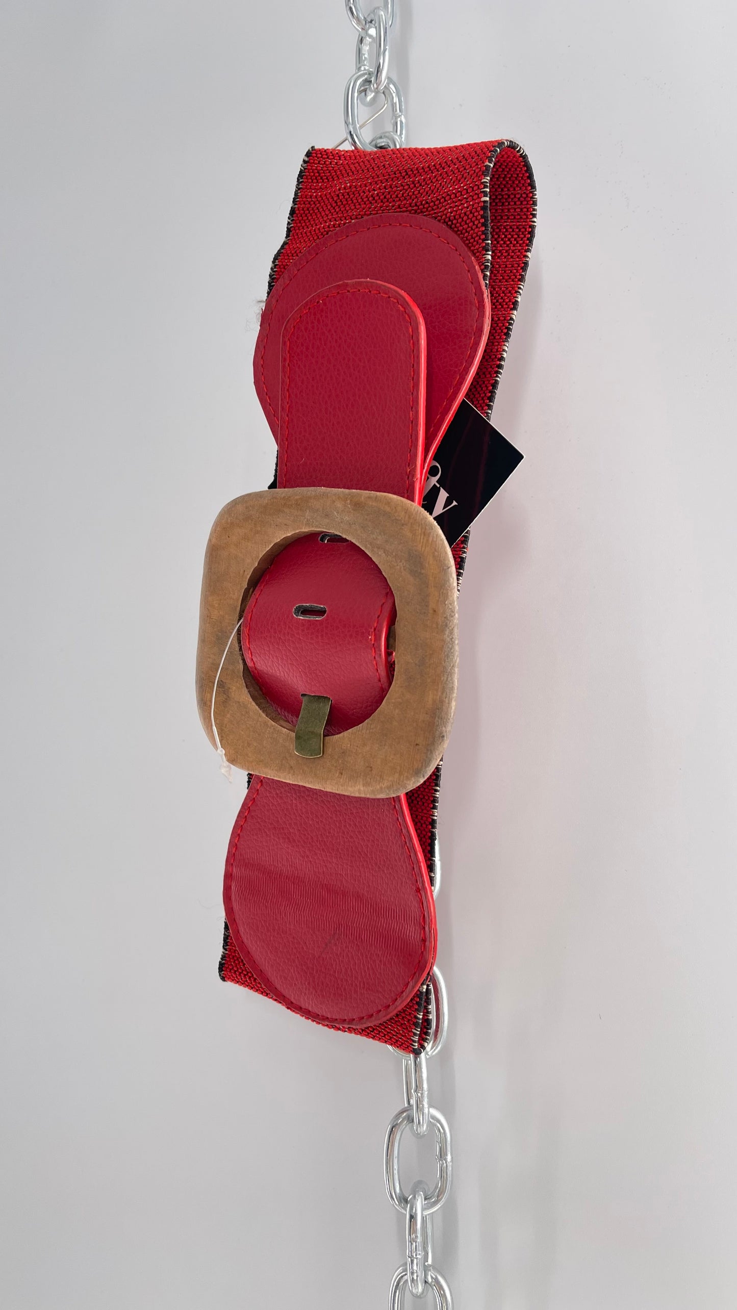 Vintage Red Leather Scrunch/Elastic Wooden Buckle Belt (XS/S)