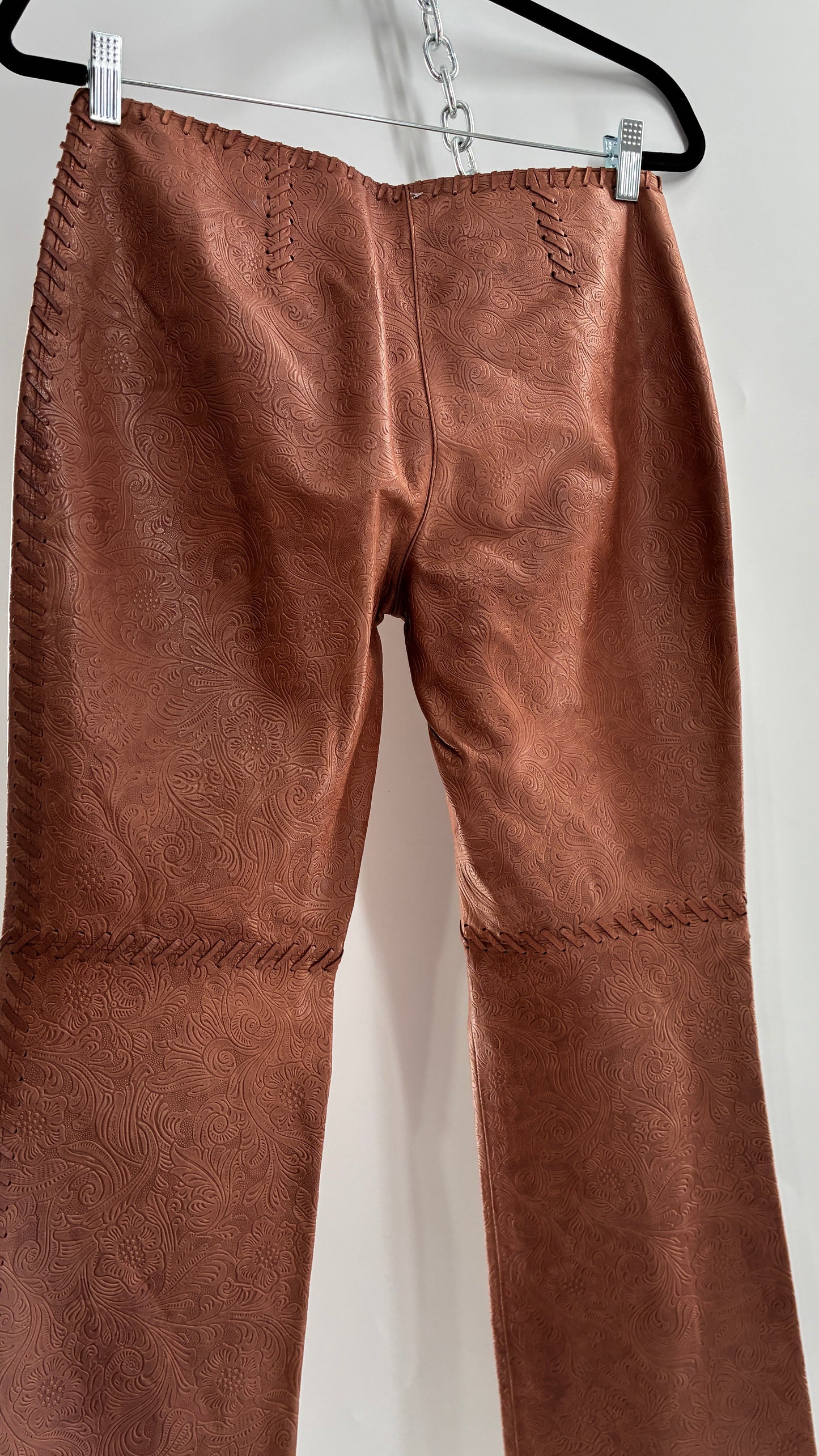 Vintage Embossed Paisley Patterned Genuine Leather Pants with Stitching Details (No Label Unbranded, S)