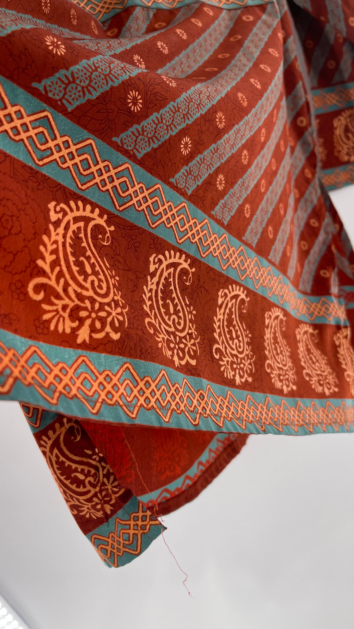 Vintage 1970s Indian 100% Silk Tunic Burnt Orange, Teal and Gold (40)