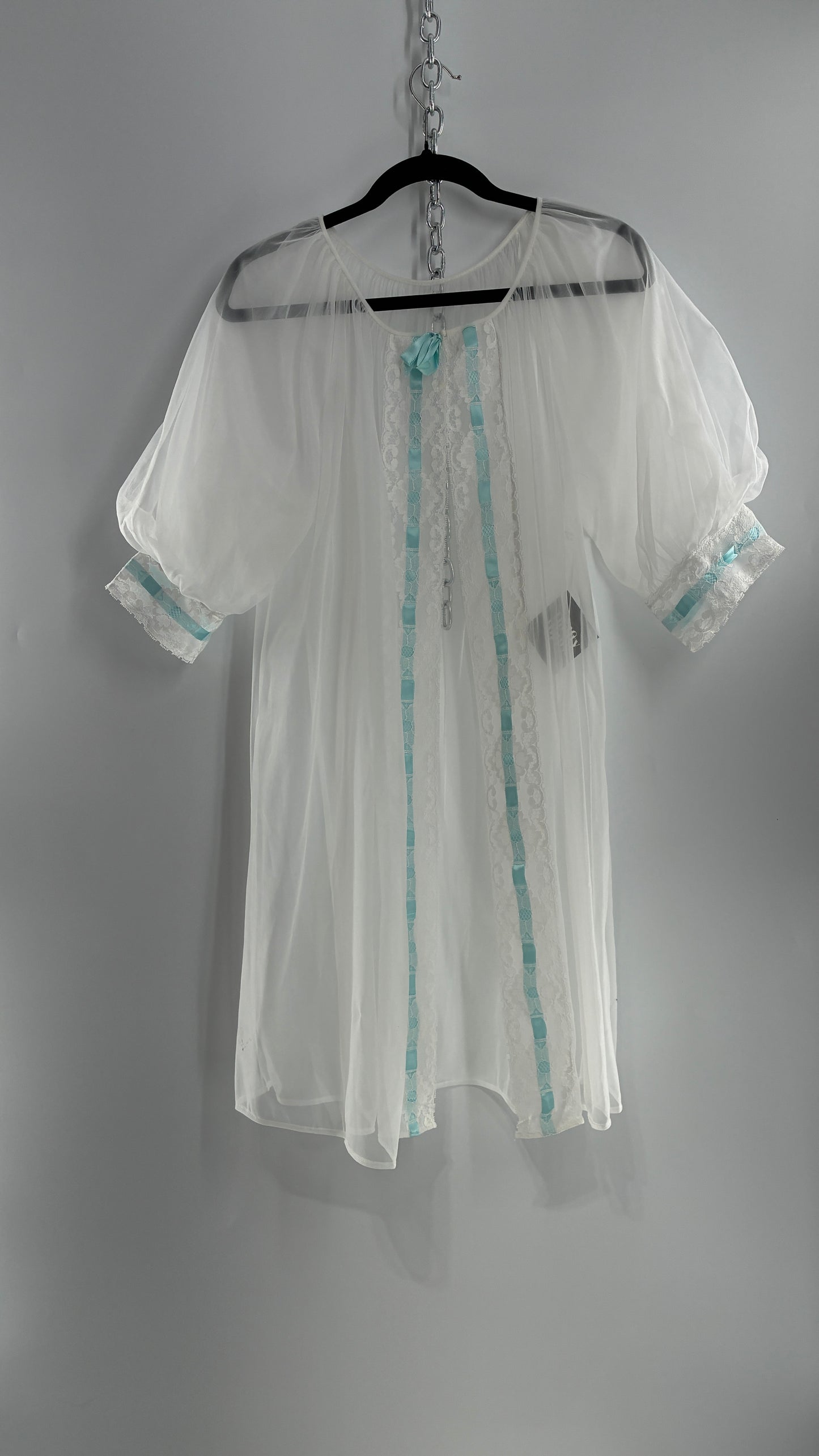 Vintage White Tulle Dress Cape with Oversized Puff Sleeves, Lined with Lace and Baby Blue Ribbon Trim (Medium)