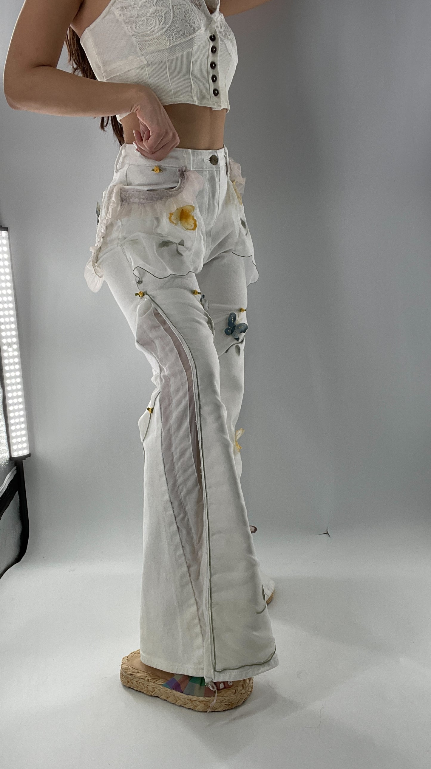 Remade Upcycled Lee White Jeans with Drawstring Adjustable Length, Lace Trim Pockets, Embroidery and Appliqué Details (27)